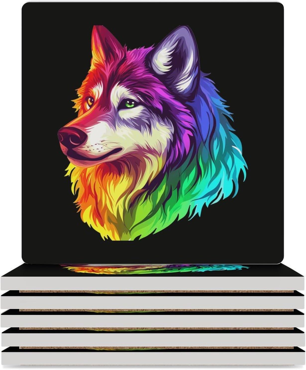 Colorful LGBT Wolf Coasters for Drinks Square Table Coasters Set Cup Mats with Cork Base