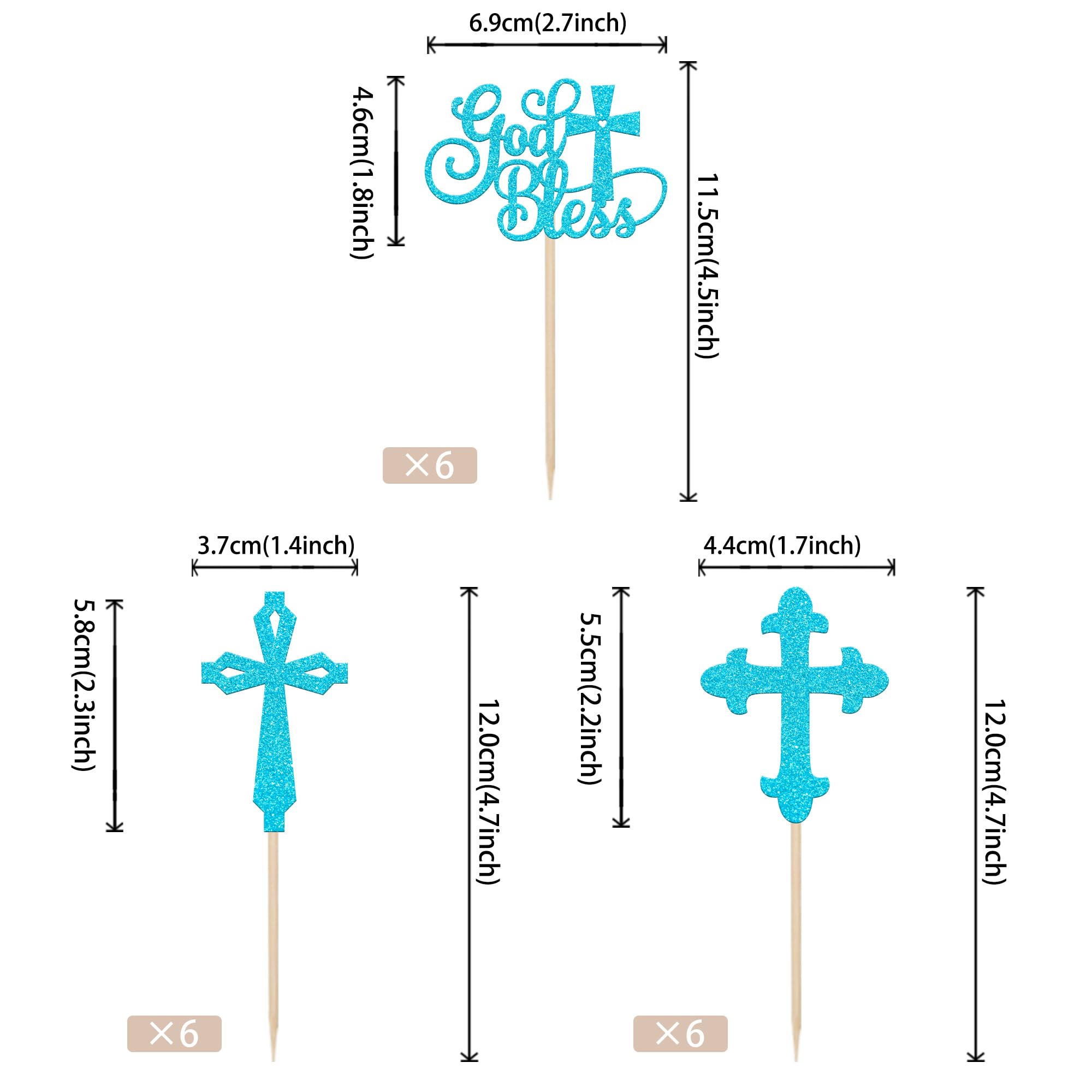 SYKYCTCY 24 Pack God Bless Cupcake Toppers Glitter Christianity Cross Cupcake Picks for Religious Baptism First Holy Communion Cake Decorations Supplies Blue - Image 2