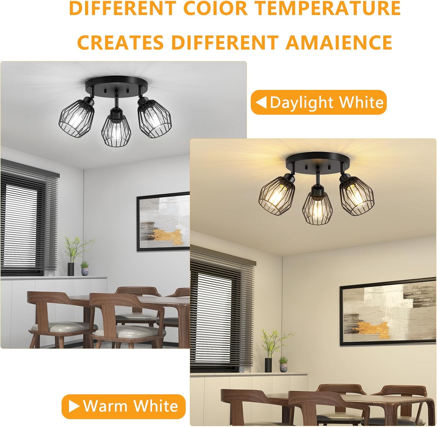 3-Light Kitchen Light Fixtures Ceiling Mount, Adjustable Multi-Directional Farmhouse Black Metal Cage Flush Mount Ceiling Light Fixtures for Hallway Dining Room Entryway