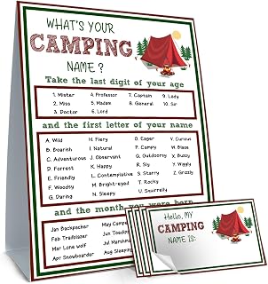 cidobi What's Your Camping Name Game Set, 1 Camping Name Game Double Sided Sign, 30 Name Stickers, Birthday Party Games Set, for Family Camping Themed Events
