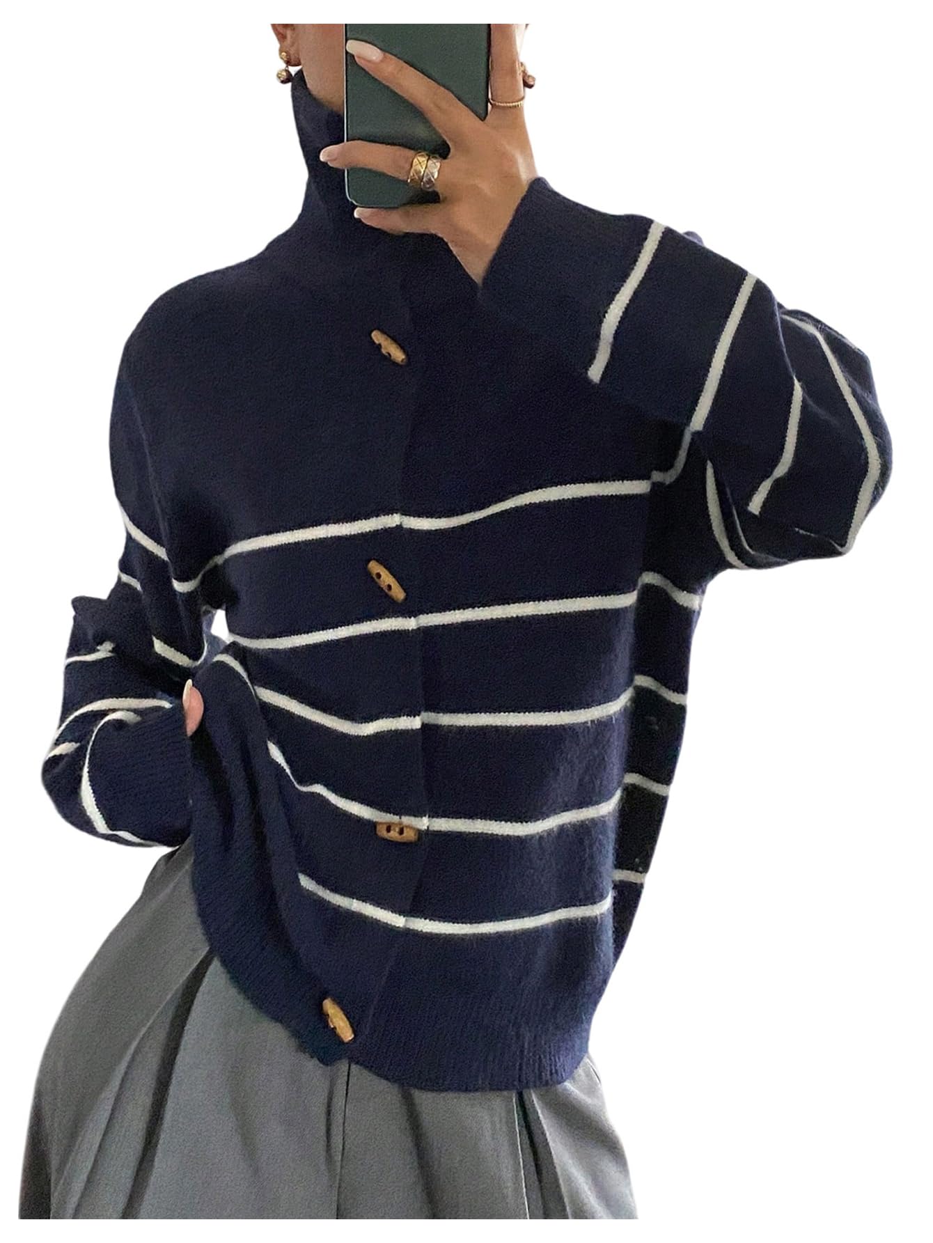 Womens Striped Button Down Cardigan Collared Long Sleeve Knit Sweater Retro Outerwear