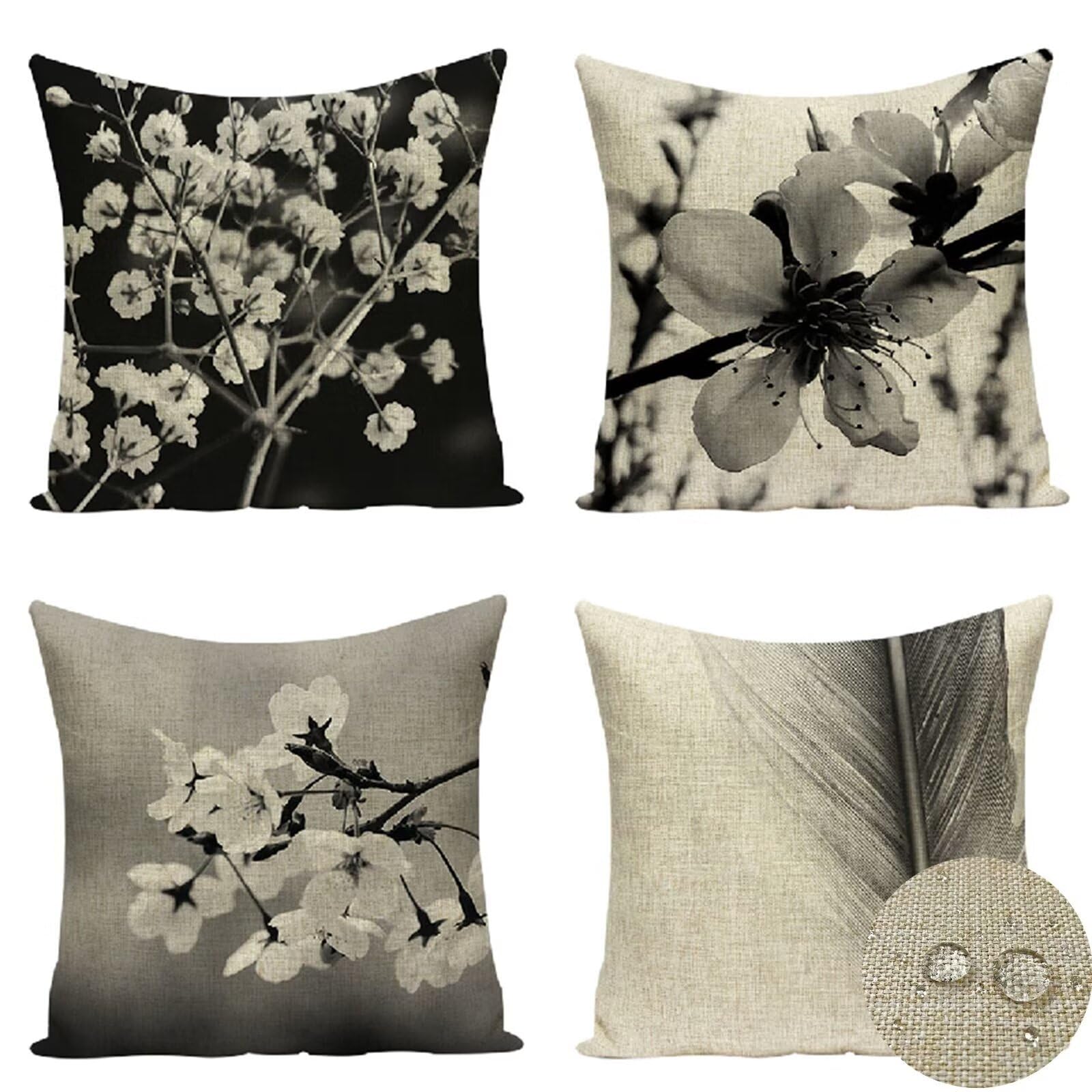 Federe Cuscini Divano 80x80 Set di 4 Cuscini per Divano impermeabile Lino Esterno Cuscini Decorativi Fiore della pianta Motivo Cuscini Divano Soggiorno Letto Estate Giardino Copricuscino (Nero) YQ-732