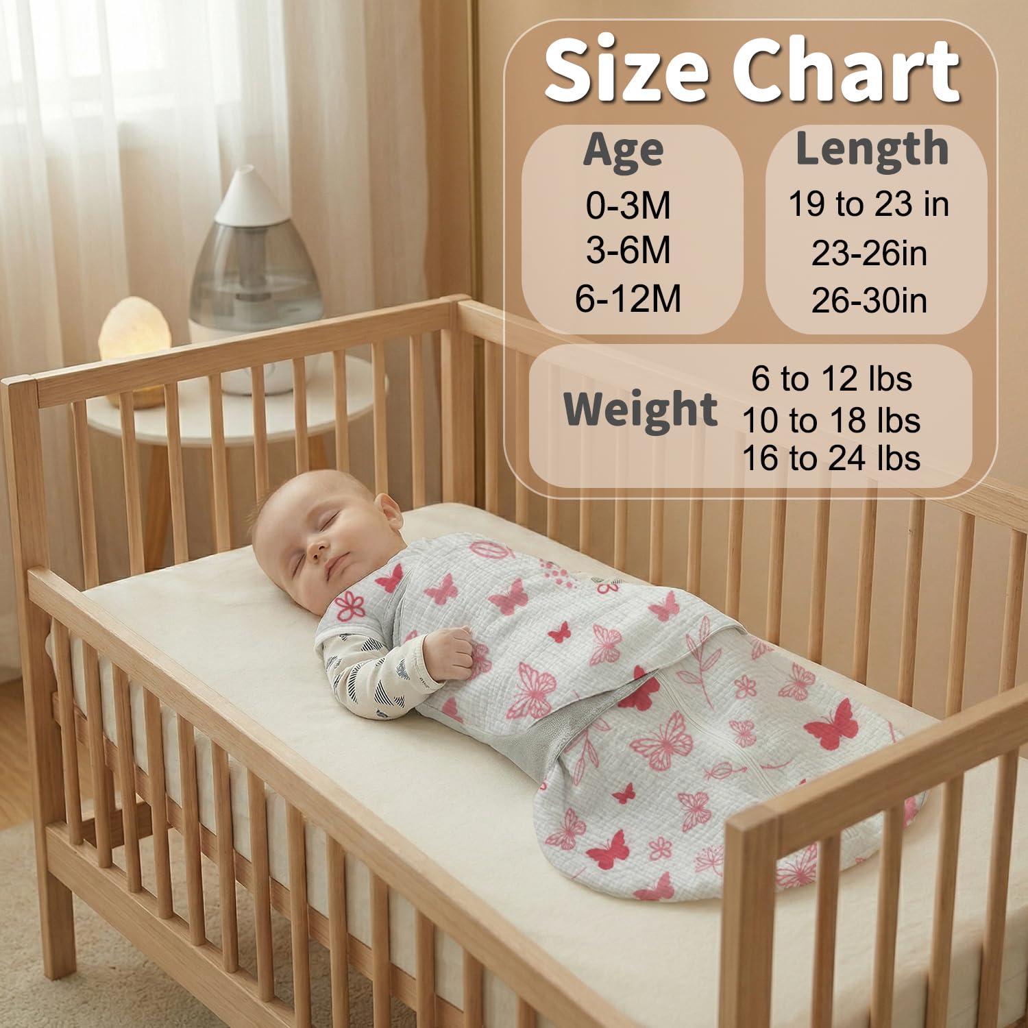 BSTOPPT Newborn Sleep Sack Baby Swaddle,100% Muslin Cotton,3-Way Adjustable Wearable Blanket,Swaddling Sleeping Bag (2, Gray & Pink Butterfly, 6-12 Months)