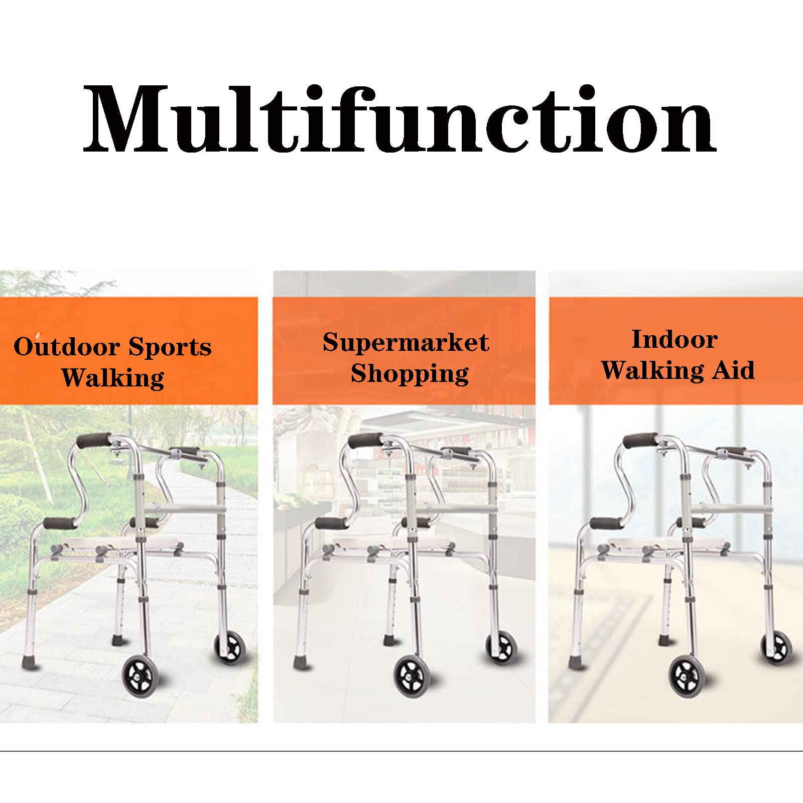 Cesta Plegable para Andador para Ancianos con 2 Ruedas y Asiento, Cesta para Andador para Ancianos Estándar Ligera, Cesta para Andador con Ruedas Ajustable en Altura, Ayuda para Mo