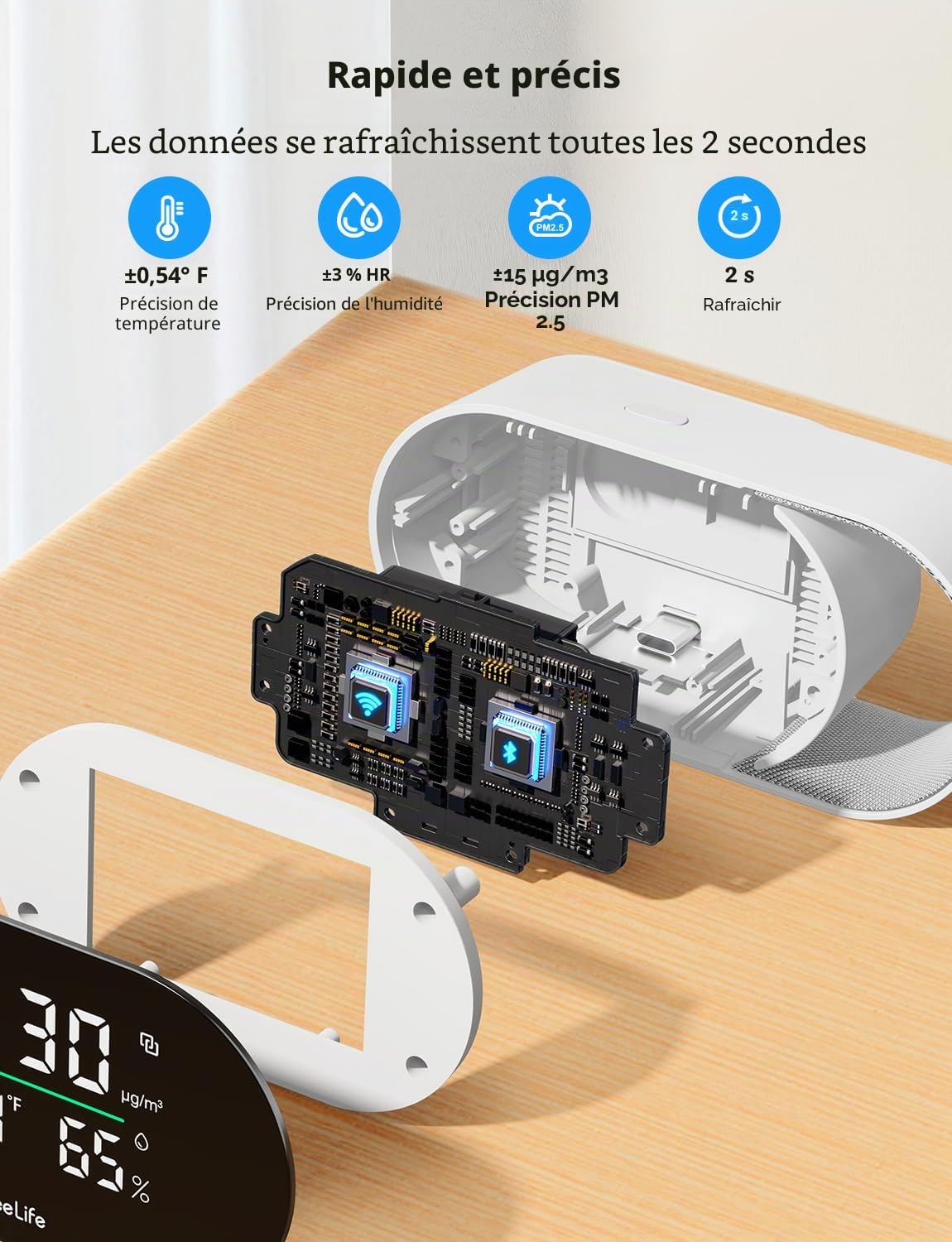 GoveeLife Moniteur intelligent de qualité de l'air avec PM2.5, WiFi, capteurs de température et d'humidité, affichage LED, rafraîchissement 2 s, stockage de données de 2 ans, pour la maison et le