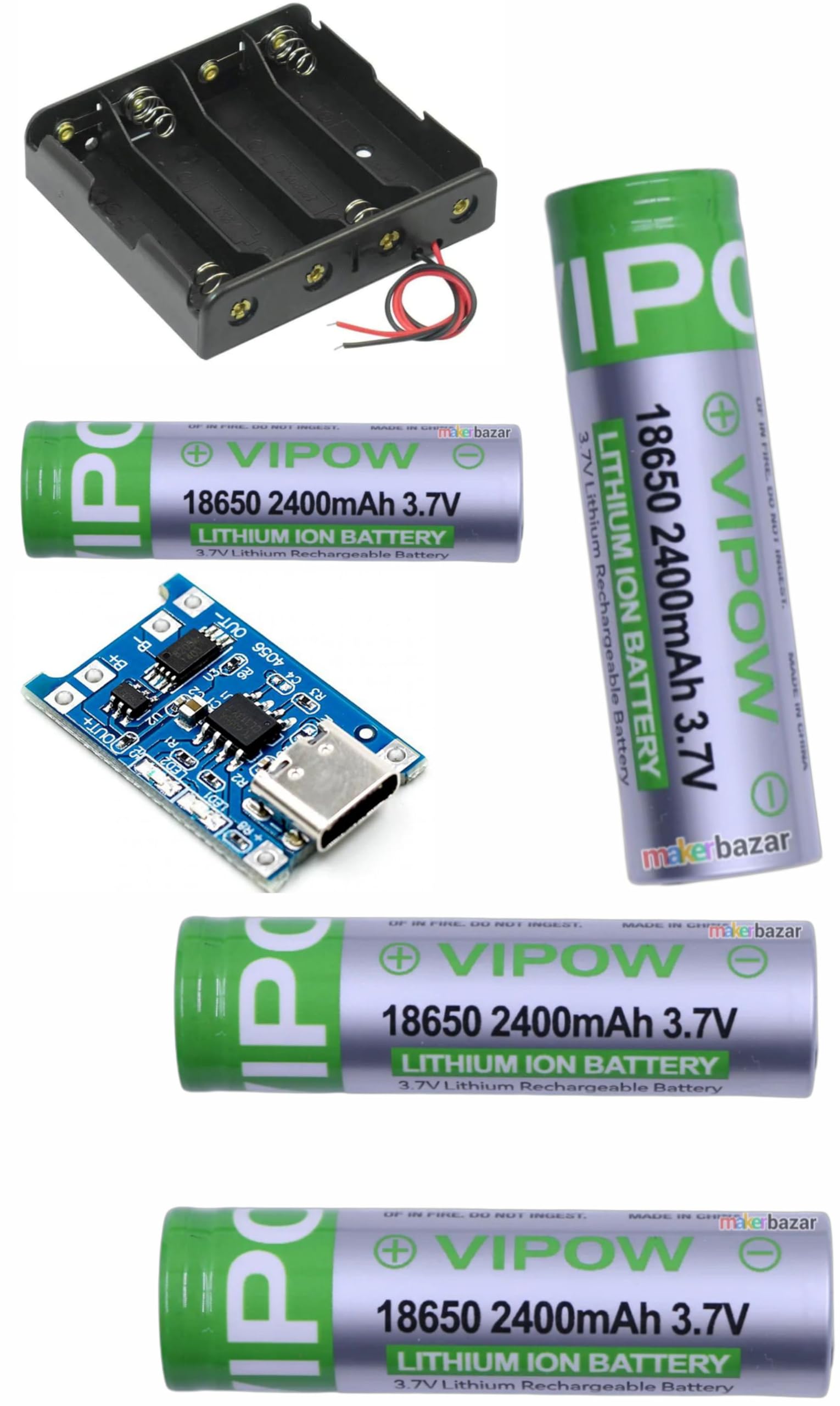 18650 button top 3.7v 2400mah rechargeable battery pack of 3 with holder | usb type-c charging board, tp4056 module, wire leads included, overcharge protection, button top cell