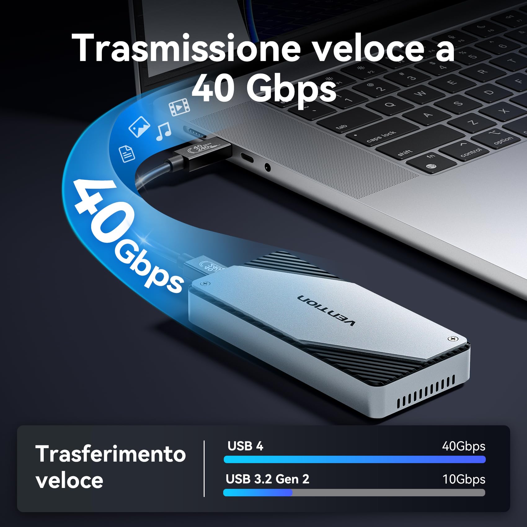 VENTION Custodia M.2 NVMe 40Gbps, Carcasa PCIe in alluminio con ventola intelligente, Cassa SSD senza strumenti per USB4/Thunderbolt, Supporto clav. M/M+B 2230/2242/2260/2280