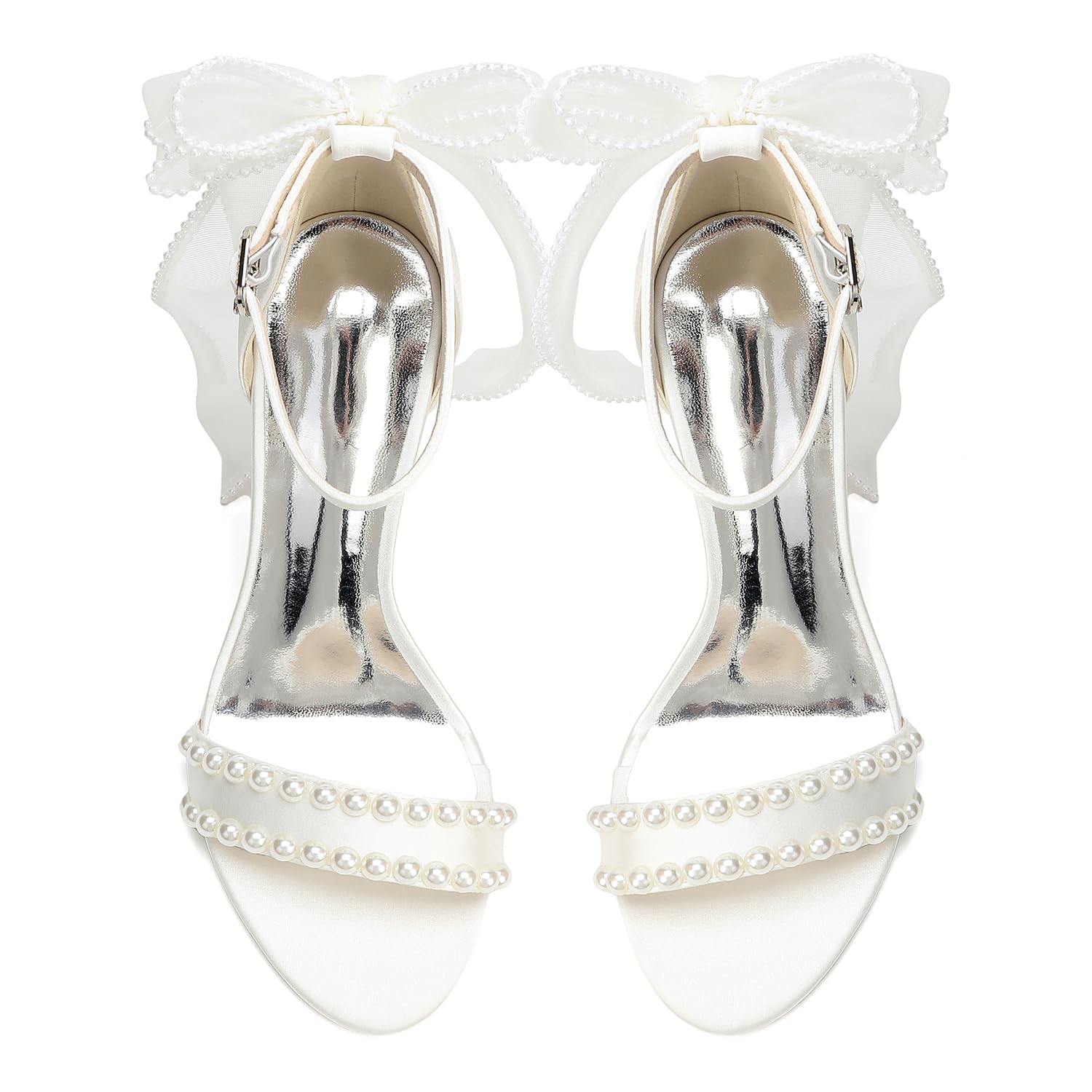 Sandali da Donna in Satin con Tacco Largo Perle e Fiocco in Mesh Eleganti Scarpe da Sposa Cerimonia