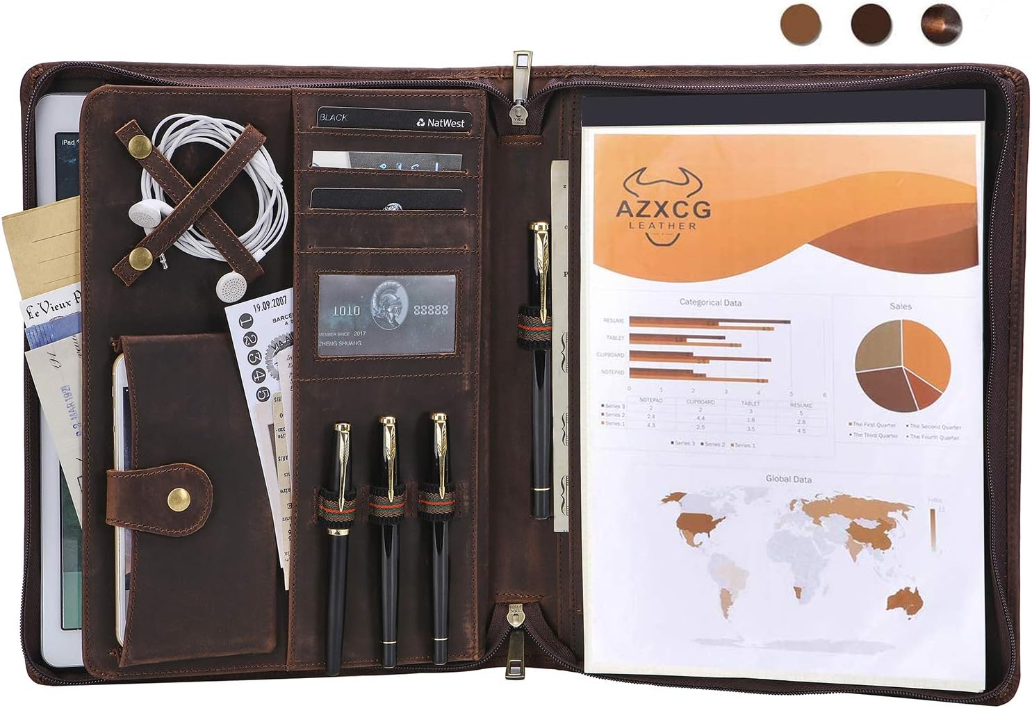 Free Engraved Name, Personalized Leather Padfolio, Custom Portfolio Folio with Double Zipper, Business Document Organizer with A4 Notepad Holder, Handmade Gifts for Women/Men, Customized, Dark Brown