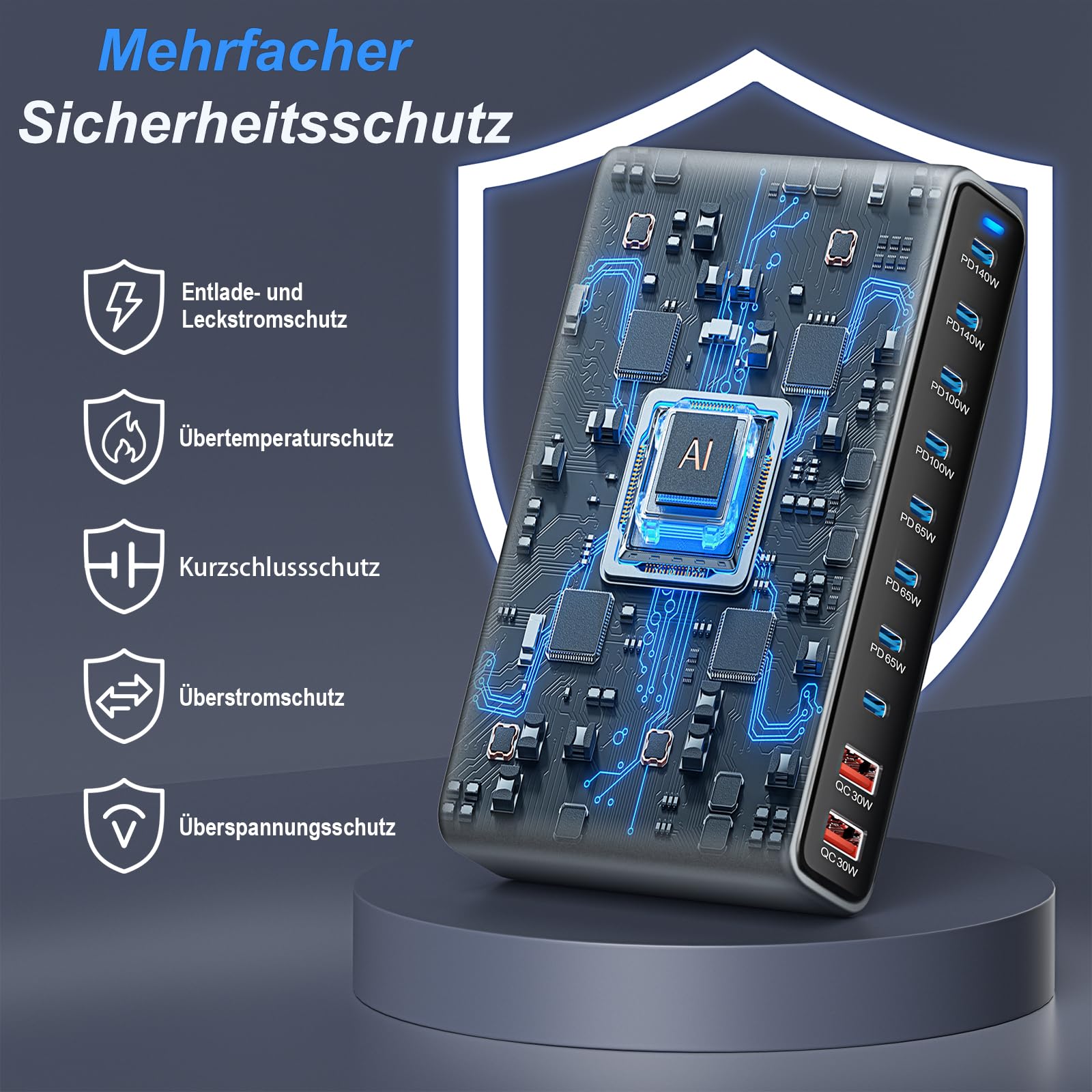800W USB C Ladegerät Mehrfach, 10 Port GaN Ladestation mit 2X 140W PD für Mehrere Geräte, PPS Schnellladegerät Netzteil, Kompatibel mit MacBook Pro/Air, Laptop, iPad, iPhone, Huawei, Galaxy