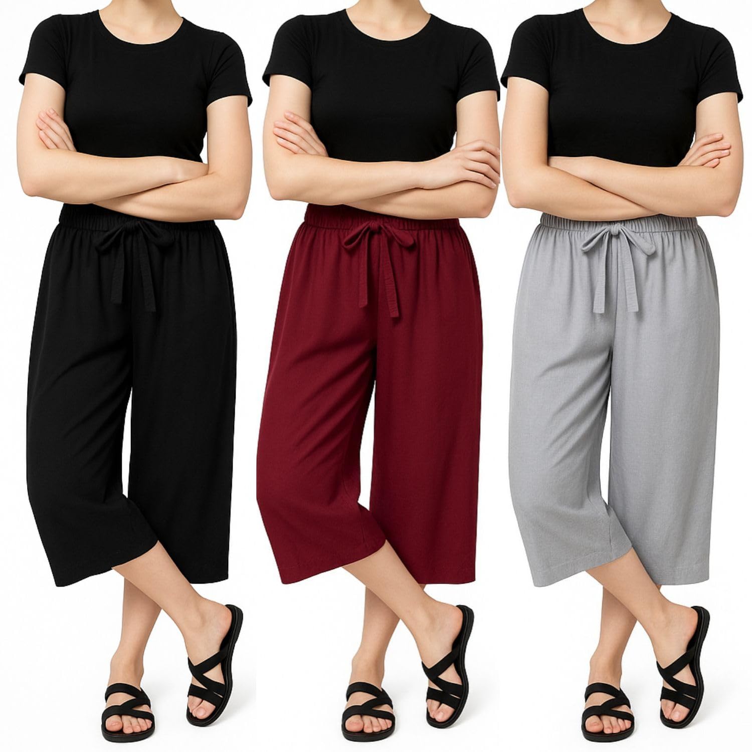 Womens Cotton Plain Loosefit Capri, 3/4th Capri Trousers For Womens 3Pack (Black,Grey,Marrone)-picture-27