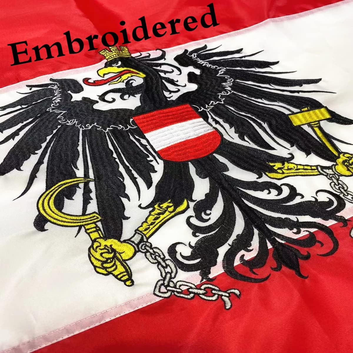 Austria with Eagle Flag 3x5FT Embroidered 210D Indoor Outdoor, Vibrant Colors, Sewn Stripes and Brass Grommets, Heavy Duty Nylon.