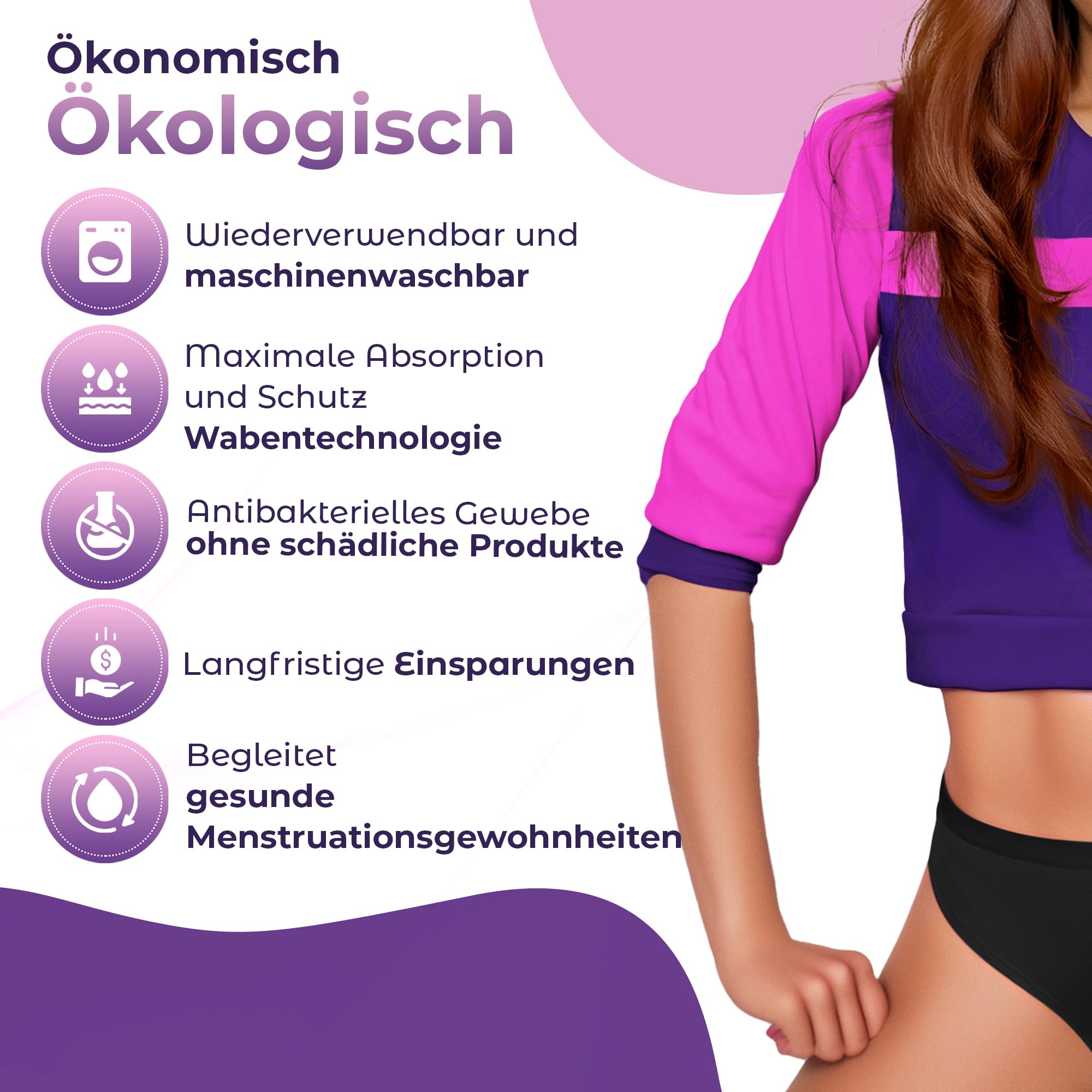 Mädchen Periodenunterwäsche aus Bambusfaser | Saugfähige Wabenstruktur, Atmungsaktiv, Antibakteriell | Umweltfreundlich und Wiederverwendbar | Für Teenager | Leichte Inkontinenz (3er Pack)