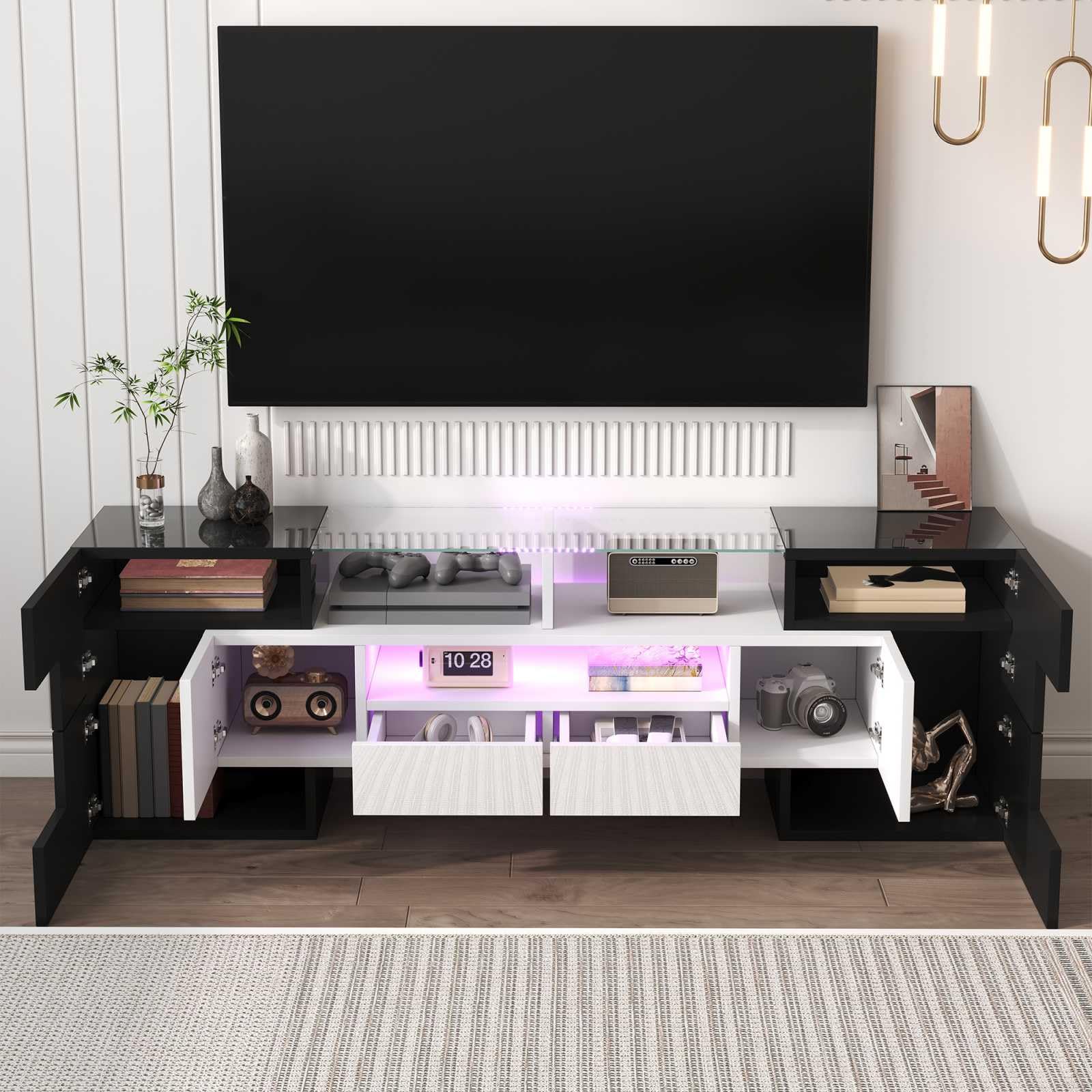 YEHTOKHOME Meuble TV Moderne,Meuble TV Multifonctionnel avec éclairage LED,Meuble avec 6 Portes et 2 tiroirs, organizzatore avec Espace de Rangement (Noir + Blanc)