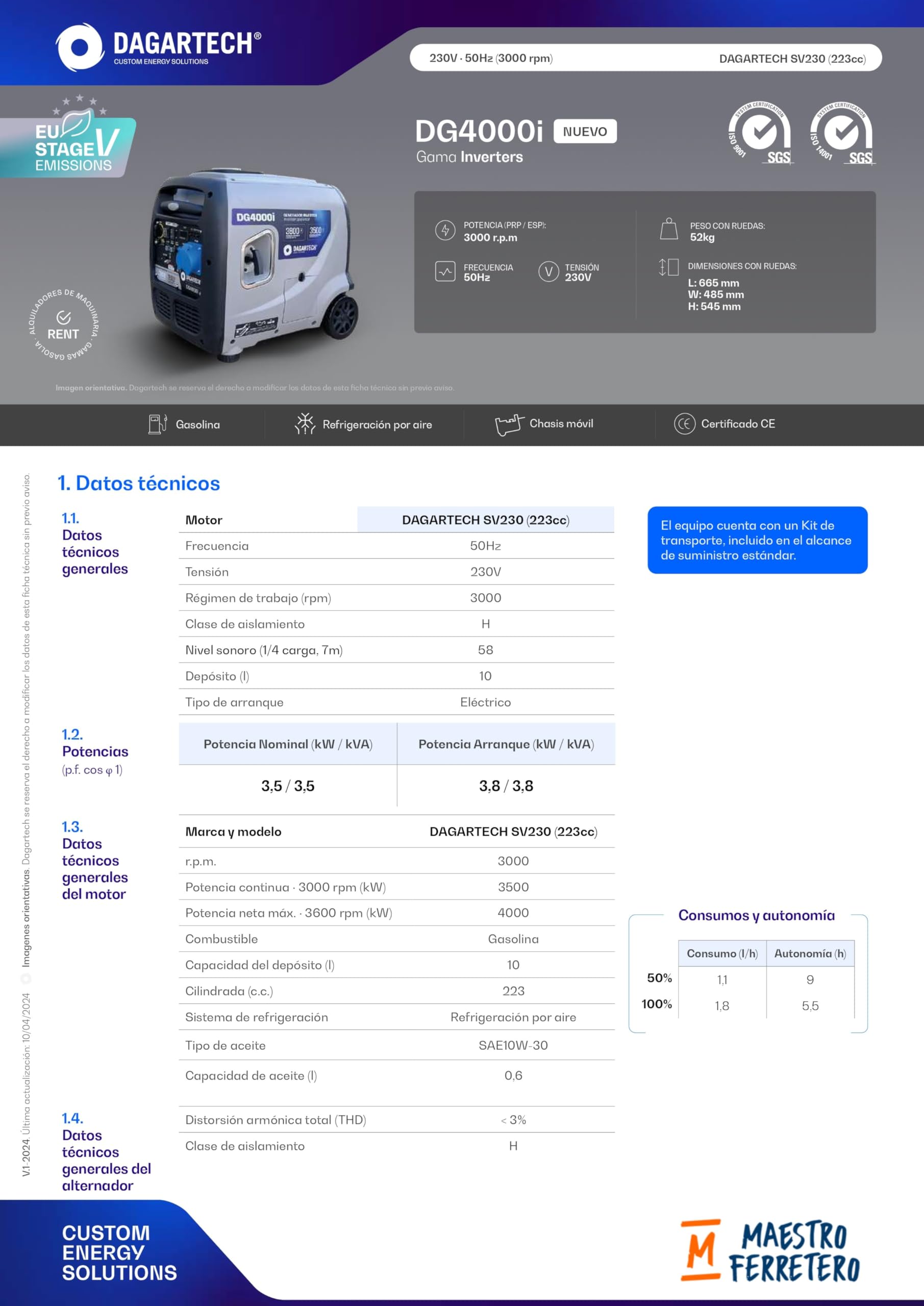DAGARTECH - Generador Inverter DG4000i a Gasolina 230V 3,5 kW Continuos 3,8 kW Máx con Arranque Eléctrico, Bajo Consumo, PowerPulse y Kit Transporte