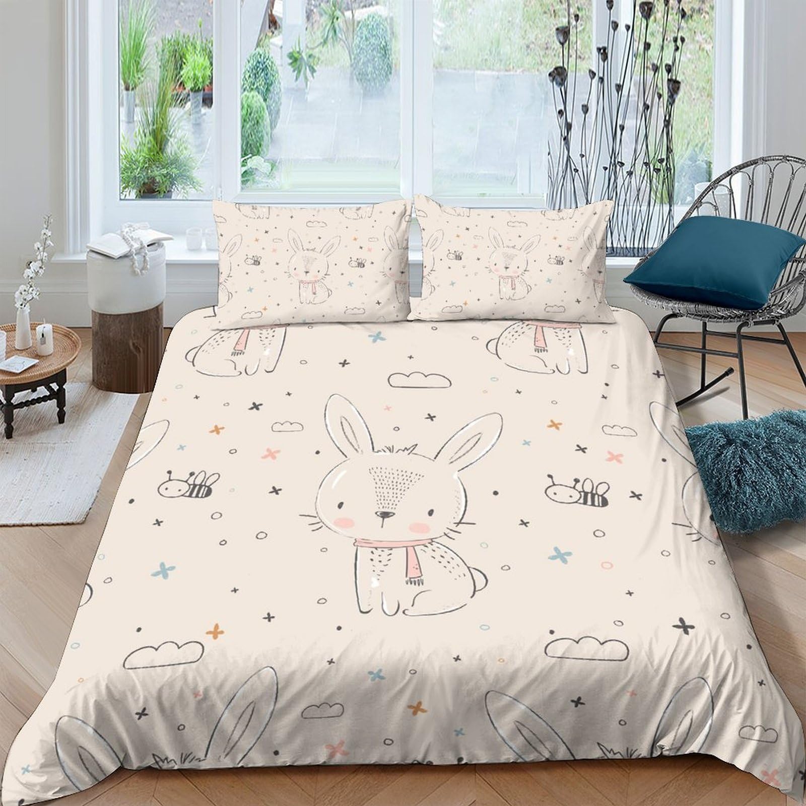 Ctjqhvkz Style-3 3D Printed Cute Bunny Fitted Sheet Microfiber Soft Beige Cartoon Bed Cover For Bedroom Guest Room Decor Single（135X200cm）