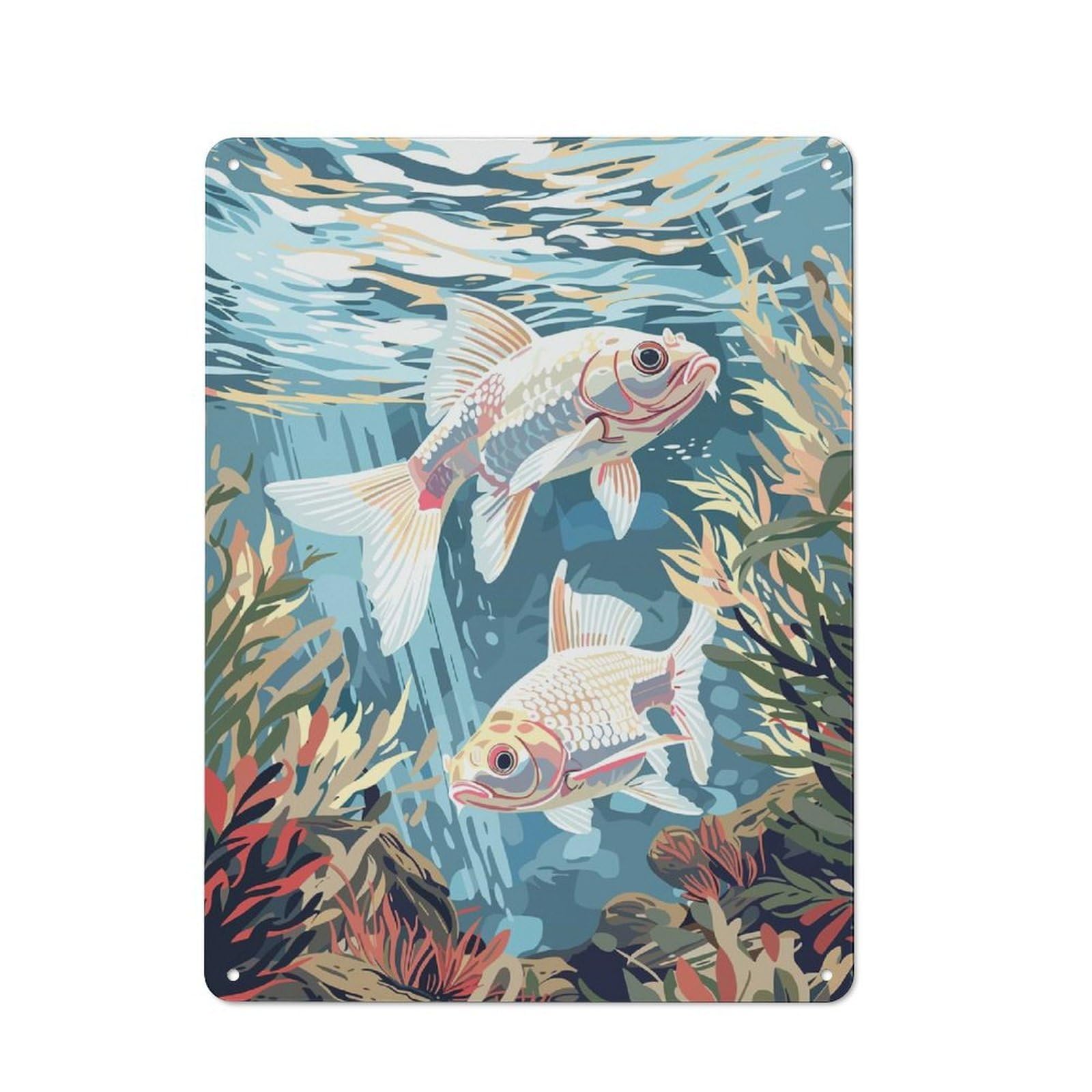 Koi Fish Underwater Retro Metal Wall Decor 40x30cm, Retro Metal Sign for Garage, Hobby Room, Office Or Man Cave