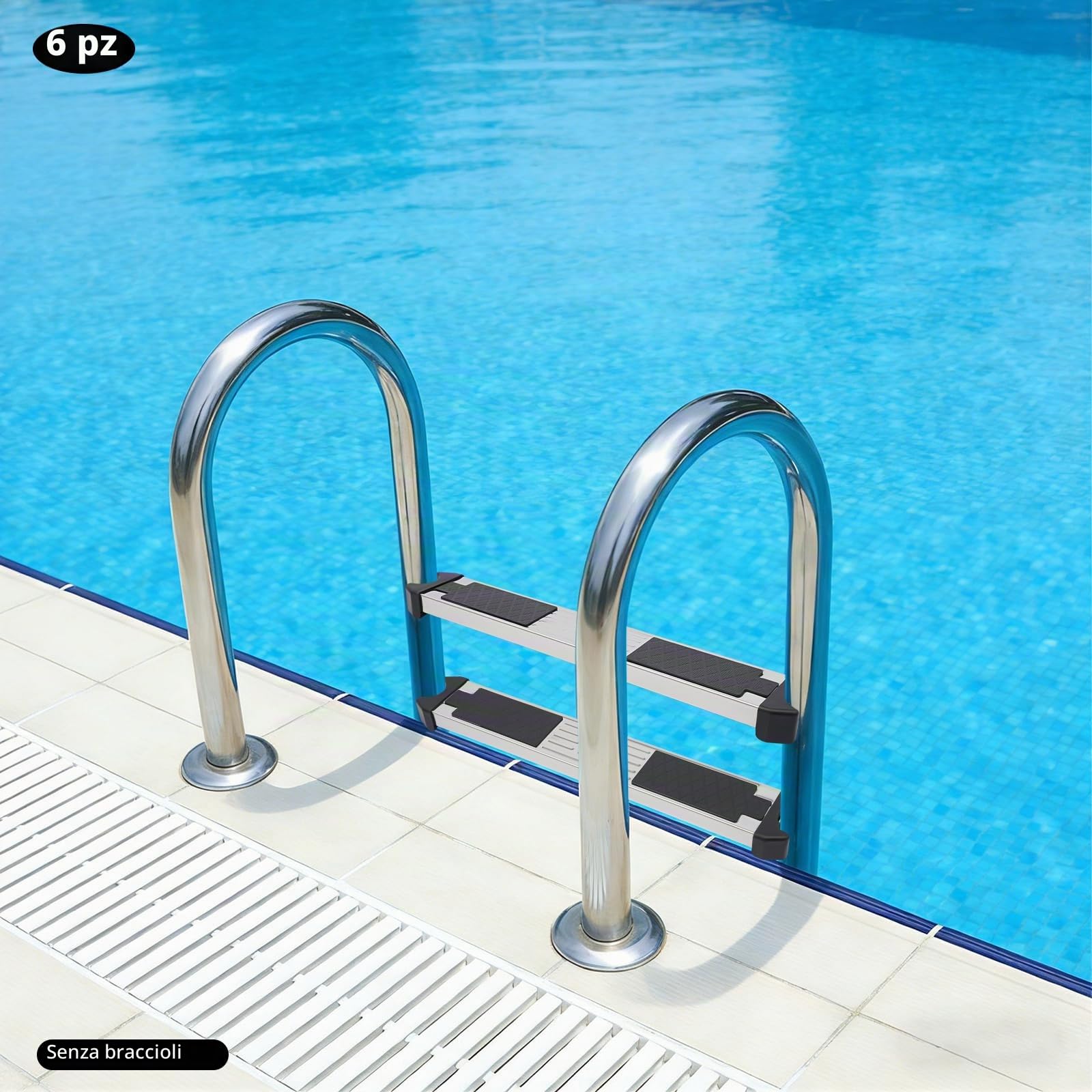 Livelli di ricambio per scale da piscina in acciaio inox, confezione da 6 gradini con cuscinetti in gomma antiscivolo e viti, per piscine da incasso, piscine e spa, capacità 150 kg, 49,3 x 8,5 x 2,2