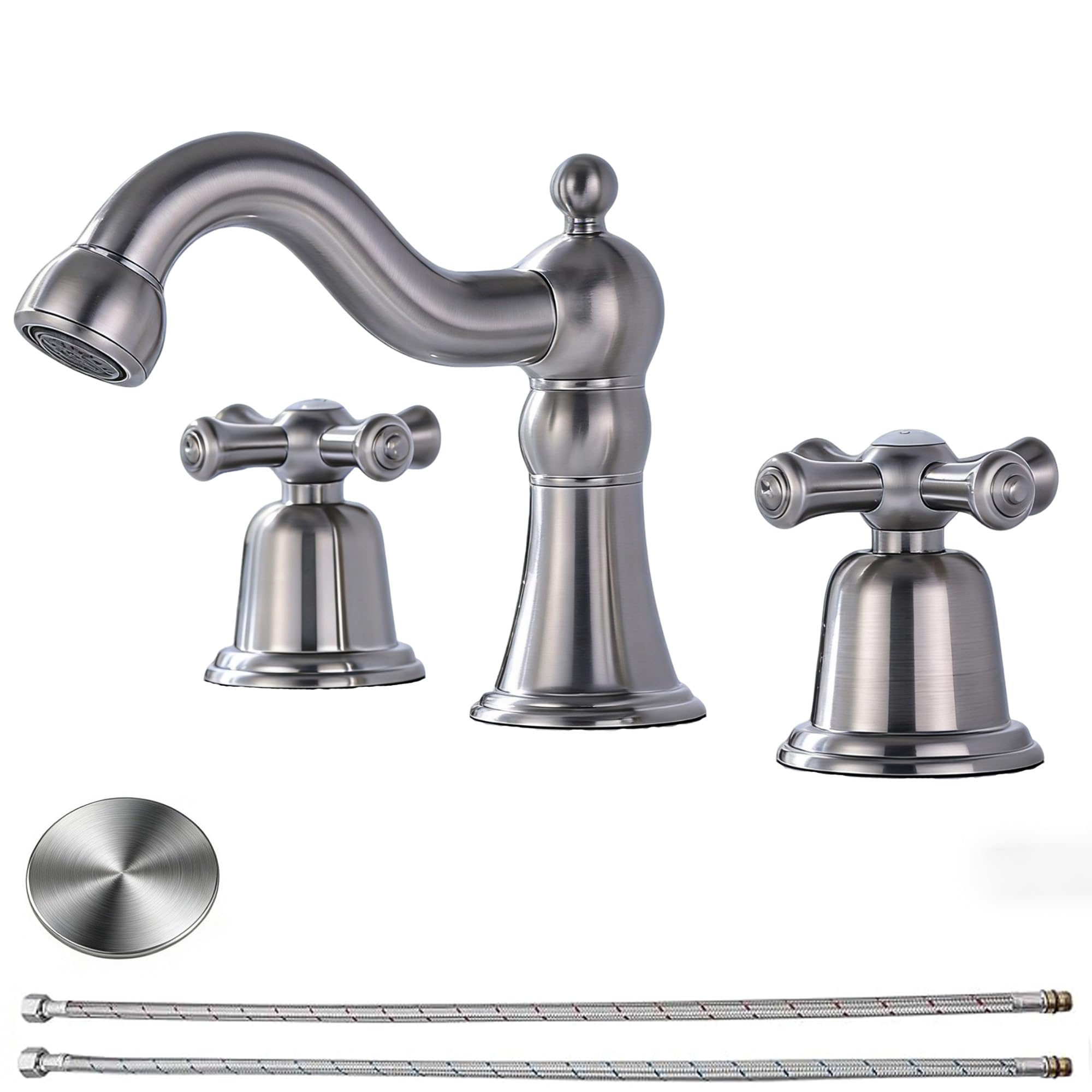 RKF Bathroom Faucets for Sink 3 Hole Brushed Nickel 8 inch Widespread Bathroom Sink Faucet with Drain 2 Handles Cross Knobs Faucet Bathroom Vanity