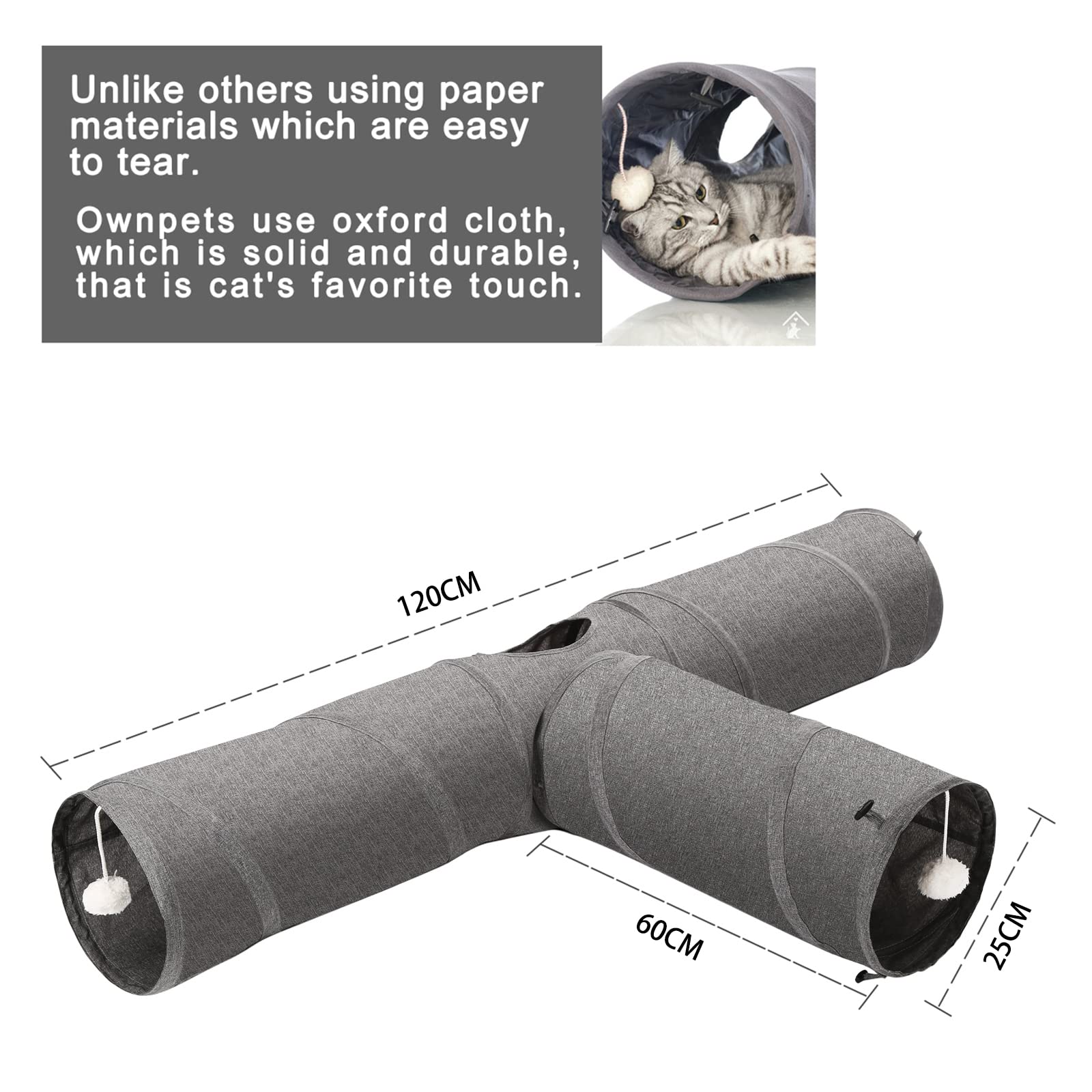 Ownpets Tunnel pieghevole per gattini, a 3 vie, lungo 120 cm, con palla di peluche e piume, grande tunnel da gioco per gatti, cuccioli, conigli