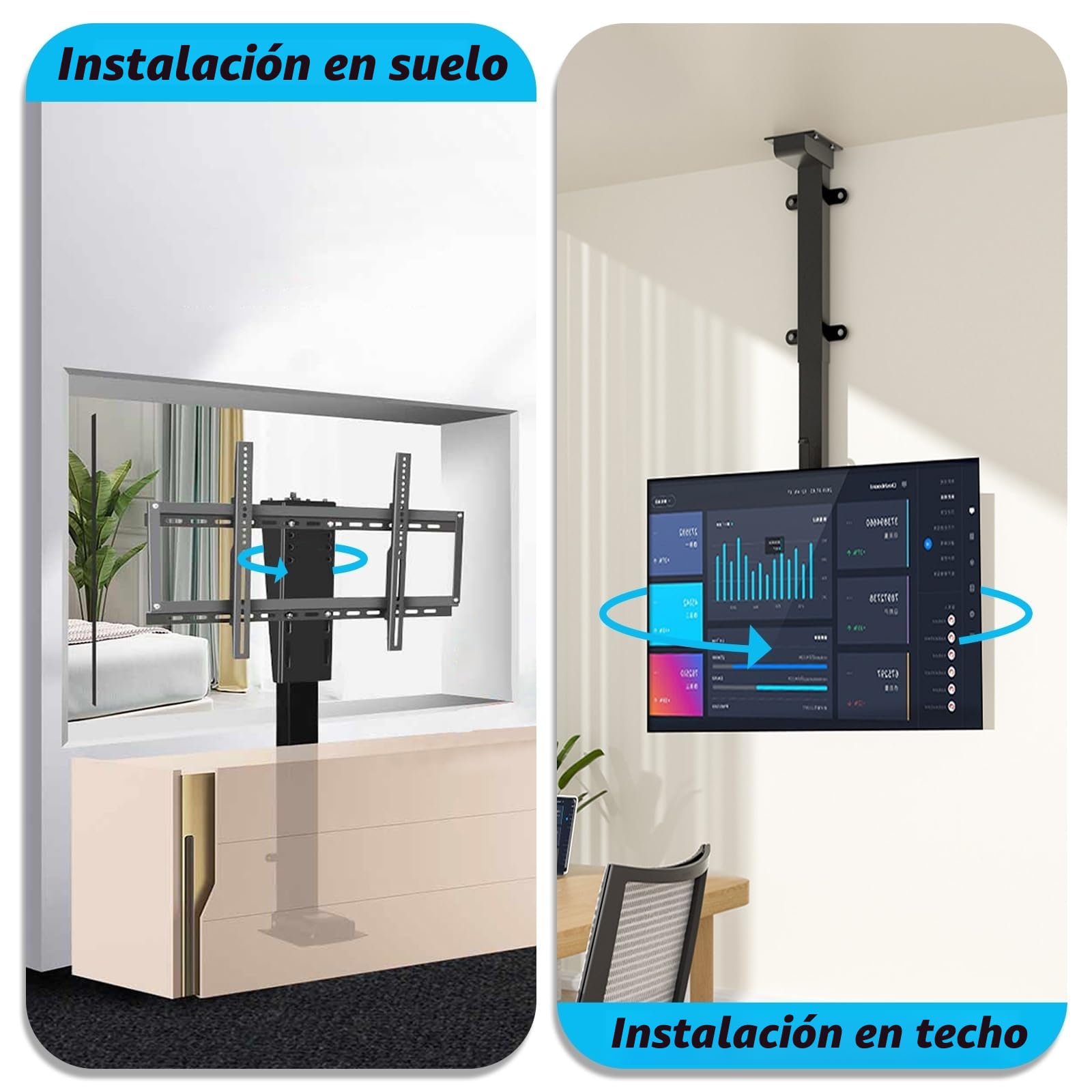 Soporte Techo TV motorizado, Elevación Manual con rotación de 360° Soporte Techo, Mueble motorizado para TV de 32 a 70 Pulgadas con VESA 600x400 mm (360°-130cm)