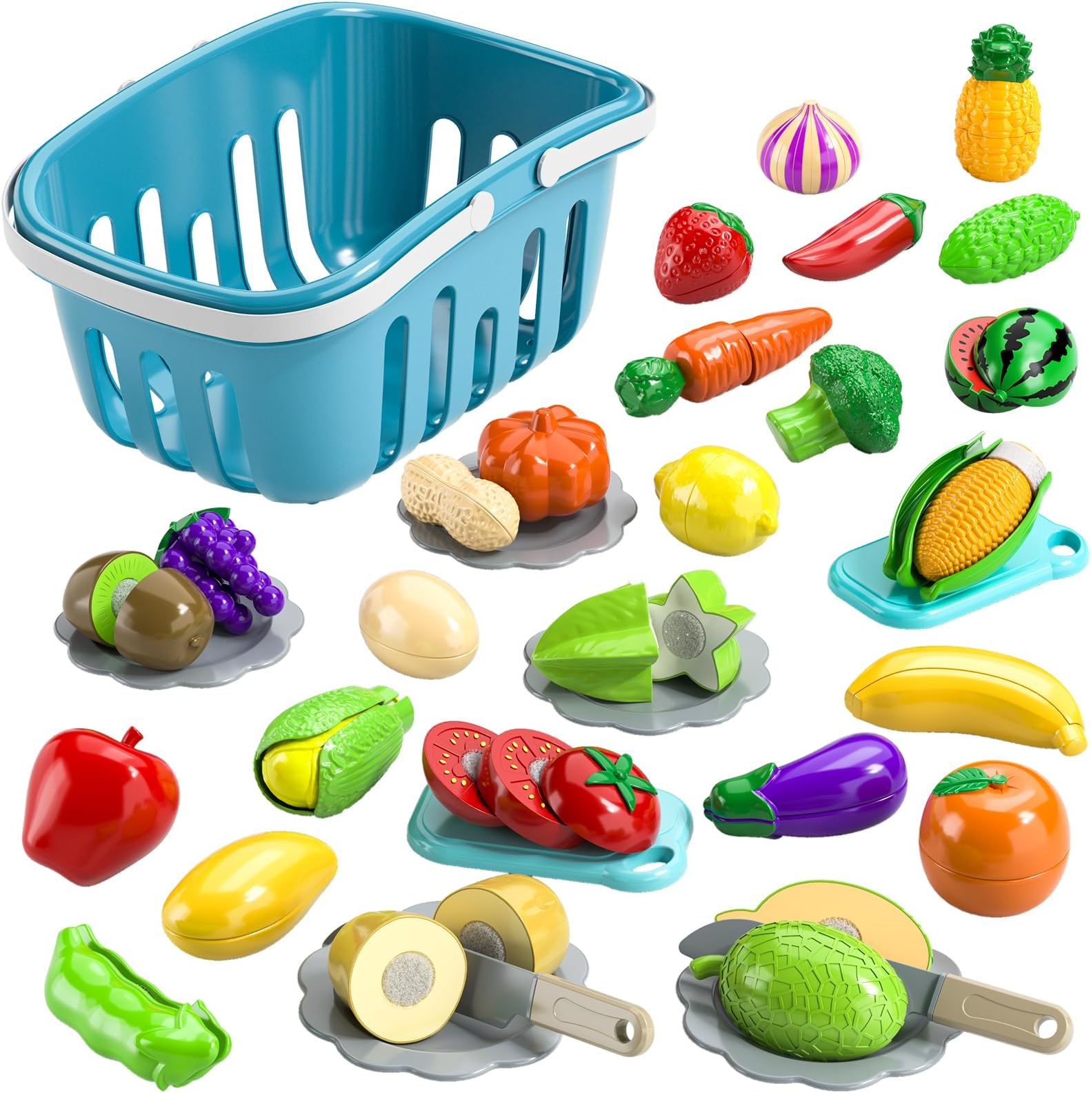 TEMI70 PCS Cutting Play Food Toy for Kids Kitchen - Pretend Fruit and Vegetables Accessories Toys for 3 4 5 6 Girls with Storage Case, Dishes and Knife, Educational Kitchen Toy for Toddlers Age 3-5