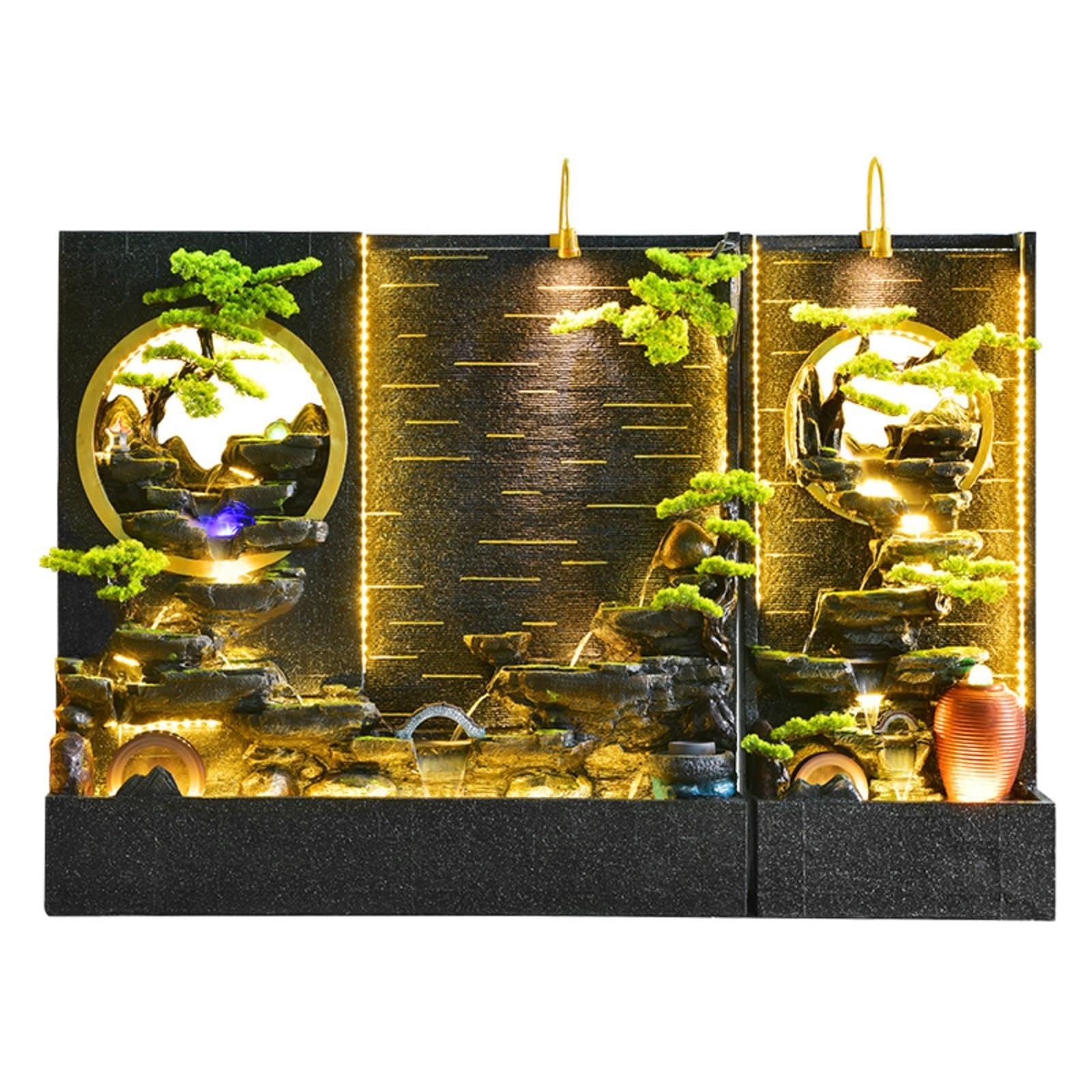 Home Decorative Fountain 6.72 Ft Tall Elegant Indoor Water Fountain With LED Lights, Mist Maker, And Simulated Bonsai Trees ,large Waterfall Feature Rockery ，For Hotel Entrance Decoration(2650+2645)