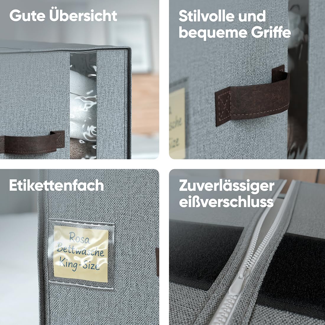 Björn&Schiller Aufbewahrungstasche, 6 Stück Kleideraufbewahrung und Organisation, Kleidung Aufbewahrung, Kleiderboxen Aufbewahrung, 39×36×26 cm, 37L, Leinen, grau, faltbar, mit Sichtfenster & Gurten