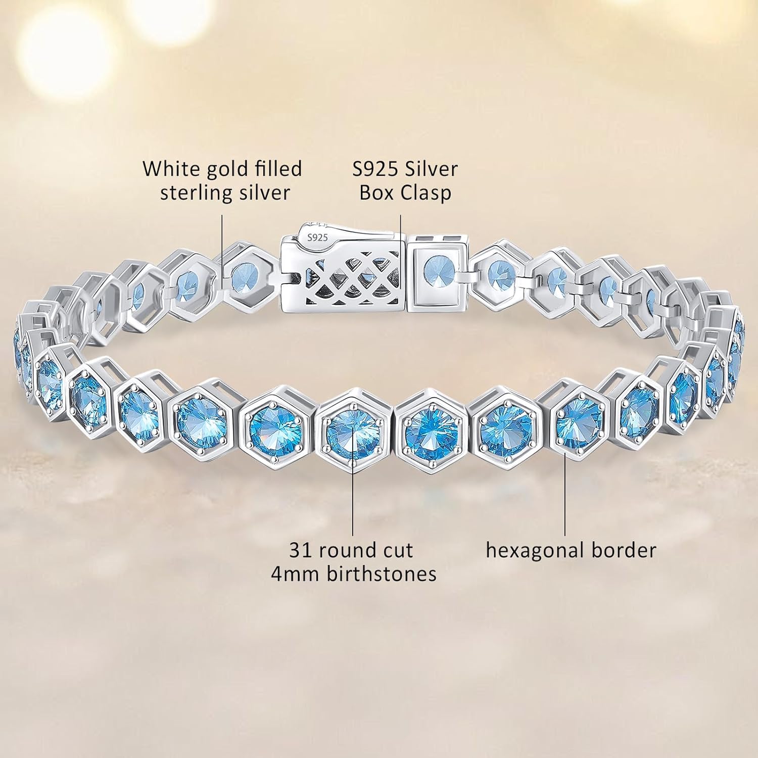Birthstone Tennis Bracelets for Women Birthday Gifts 925 Sterling Silver Hexagon White Gold Bracelets Round Cut 5A Cubic Zirconia Prong Setting 7 Inch Anniversary Jewelry Gift - Image 3
