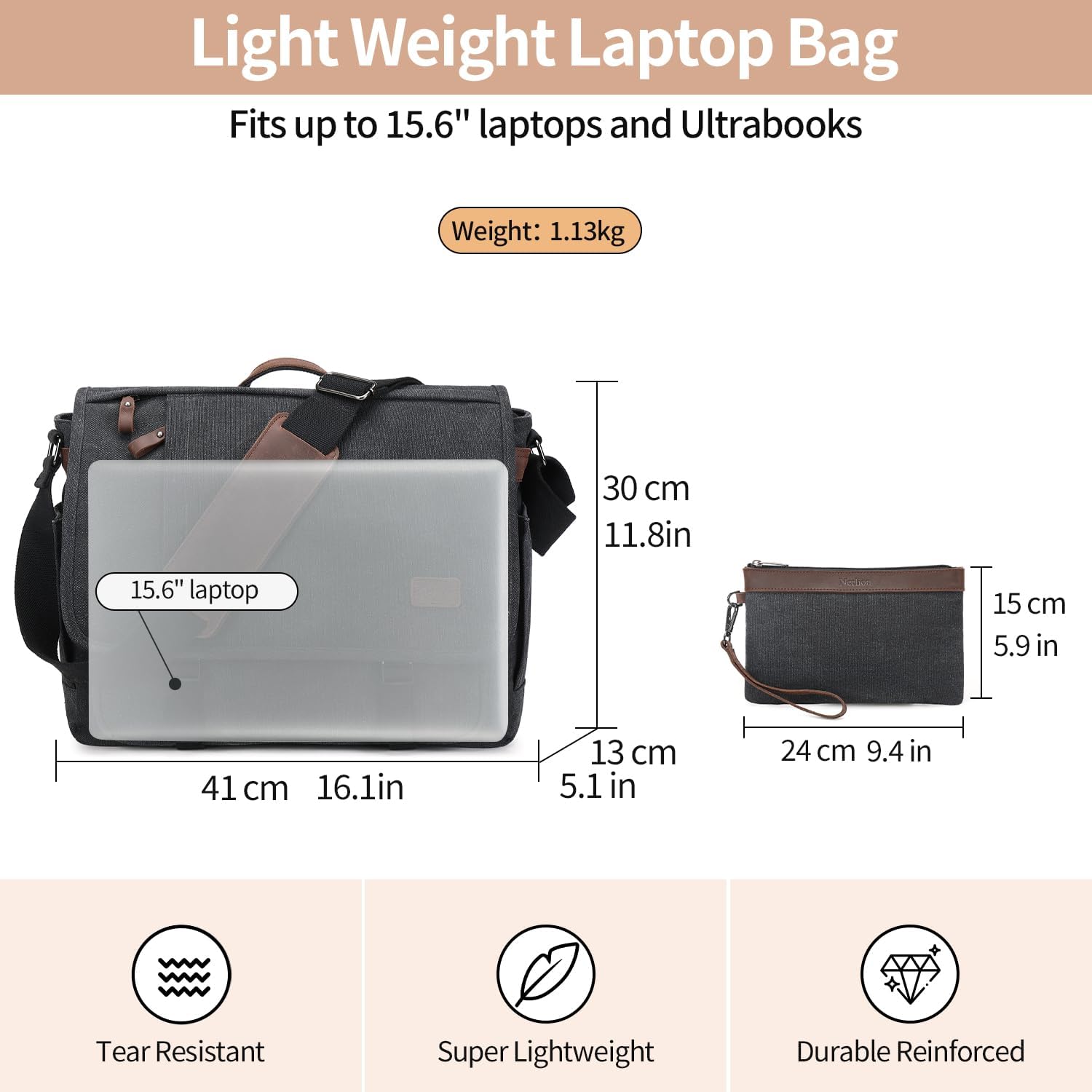 Nerlion Messenger Bag 15.6 Inch Laptop Bag Computer Bag Canvas Water-resistant Shoulder Bag Work Briefcase Bookbag for College (15.6", Dark Gray) - Image 5