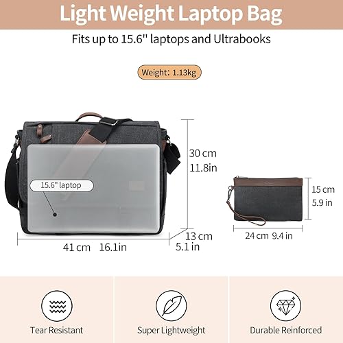 Miniatura 5 de Nerlion - Bolsa tipo mensajero para laptop de 15.6 pulgadas, bolsa para computadora de lona resistente al agua, bolsa de hombro, maletín de trabajo,