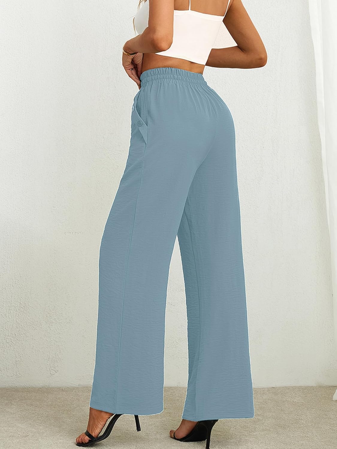 Heymoments Women's Wide Leg Lounge Pants with Pockets Lightweight High Waisted Palazzo Adjustable Tie Knot Flowy Trousers - Image 3