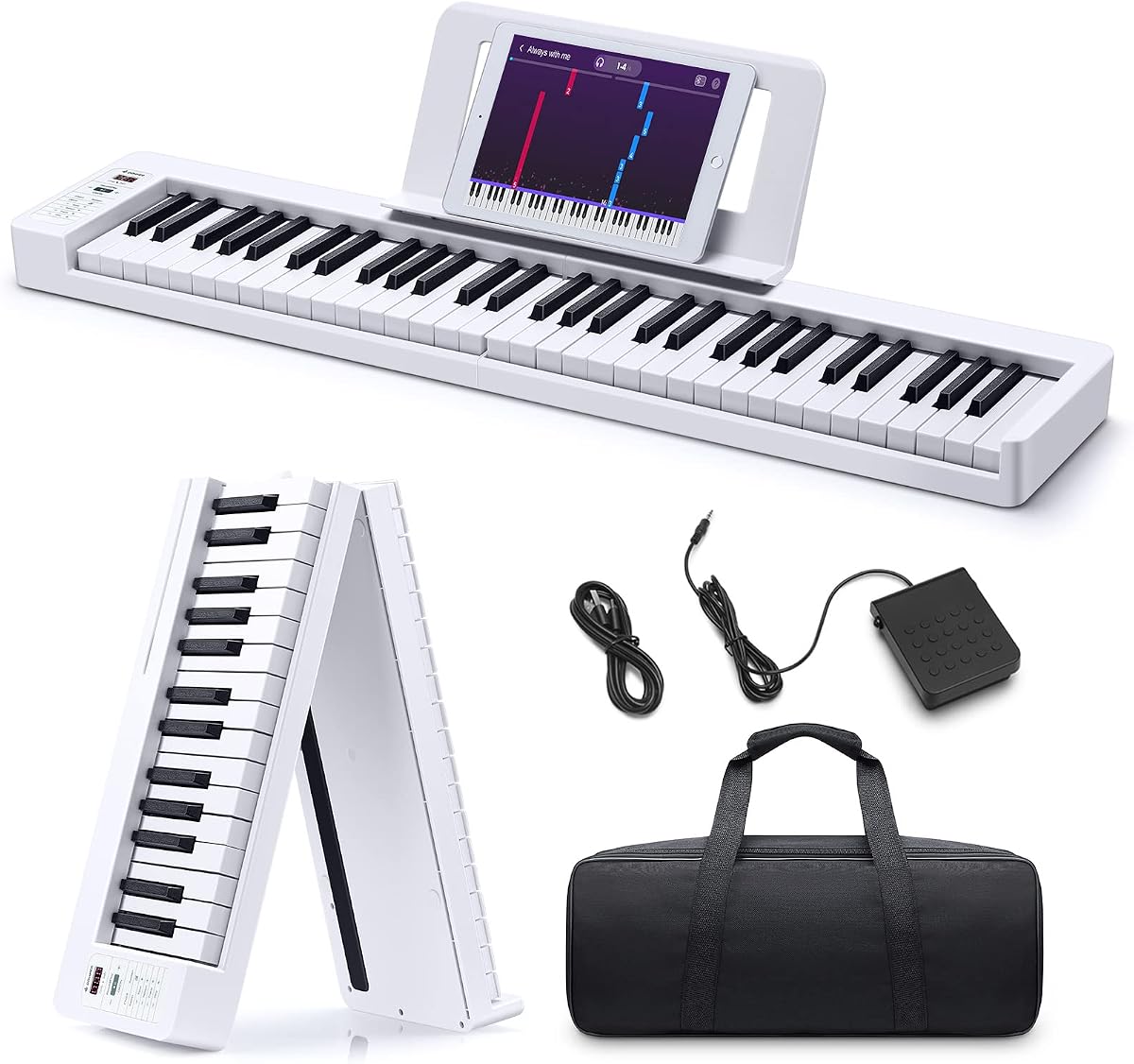 61-Key Folding Bluetooth Keyboard Piano for Beginners, Portable Piano Keyboard with Music Rest, Bag, Pedal, and App - White