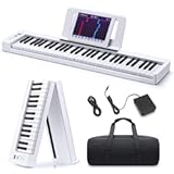 Donner 61-Key Folding Bluetooth Keyboard Piano for Beginners&comma; Portable Piano Keyboard with Music Rest&comma; Bag&comma; Pedal&comma; and App - White