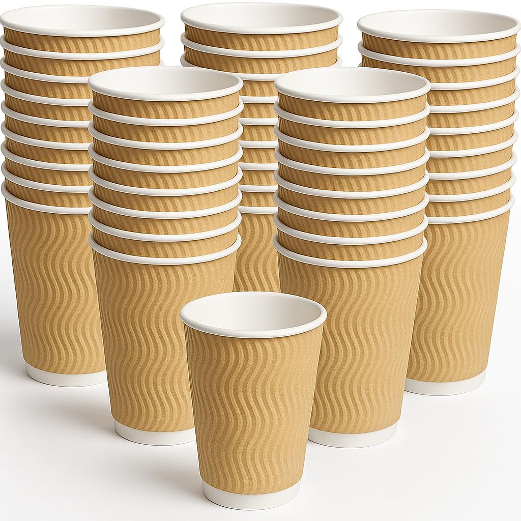 1ABOVE Disposable Insulated Paper Coffee Cups, 8 Ounce, Triple-Ply Ripple Design, Brown, 50 Count