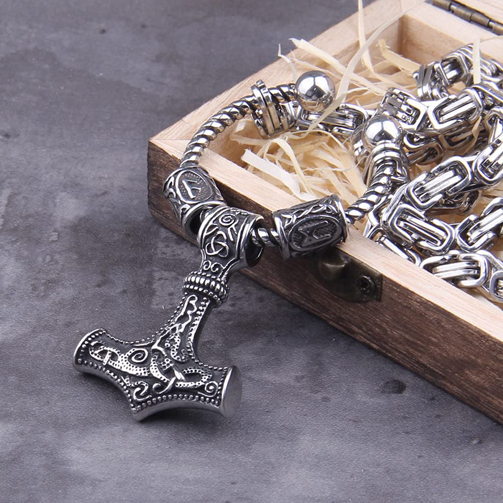 YABEME Viking Thors Hammer Mjölnir Halskette, Edelstahl King Chain Nordic Herren Celtic Pagan Amulet Anhänger Schmuck, Zufälliges Match Von Runenperlen