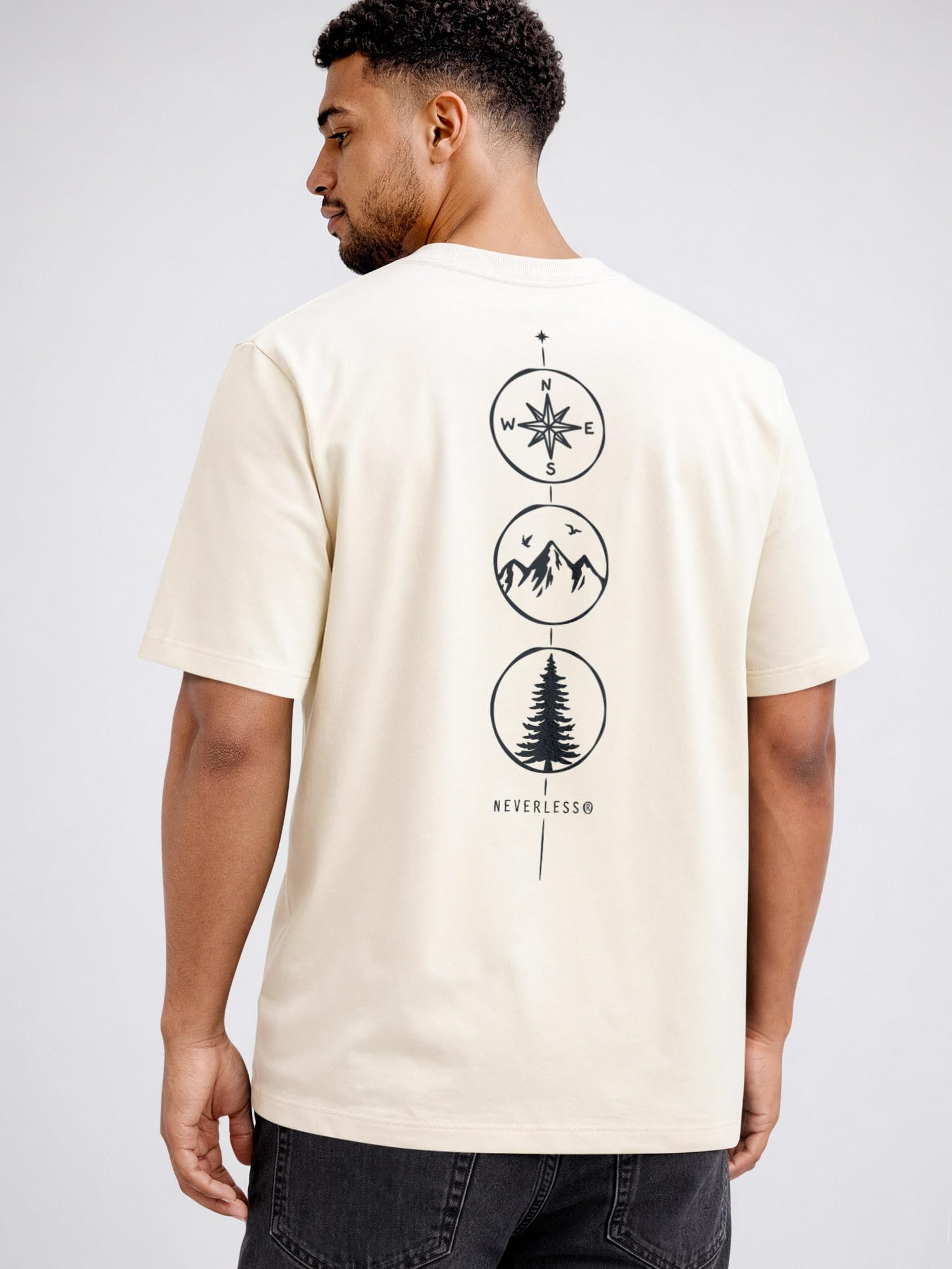 Neverless® Herren T-Shirt Backprint - Kompass Outdoor - Oversized Relaxed Fit Sommer Fashion Streetstyle