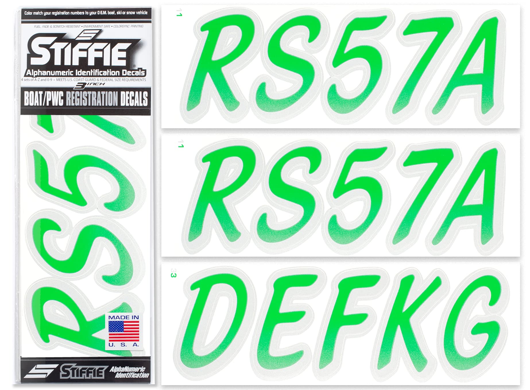 STIFFIE Whipline Electric Green/Silver 3" Boat &amp; PWC Registration Decals • Numbers Letters Stickers