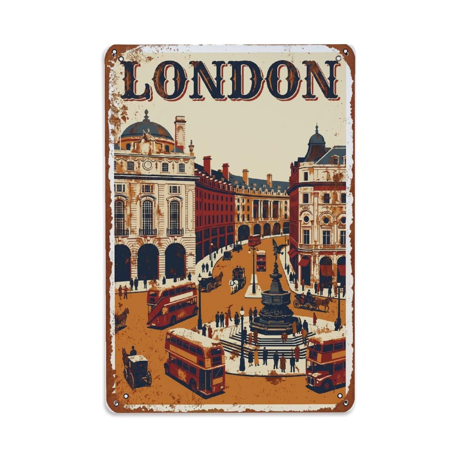 Vintage Travel London Piccadilly Circus Lights Rusted England Metal Tin Sign Plaque Wall Decor for Cafe, Club Bar, Office, Home Garden Metal Poster 8x12Inch
