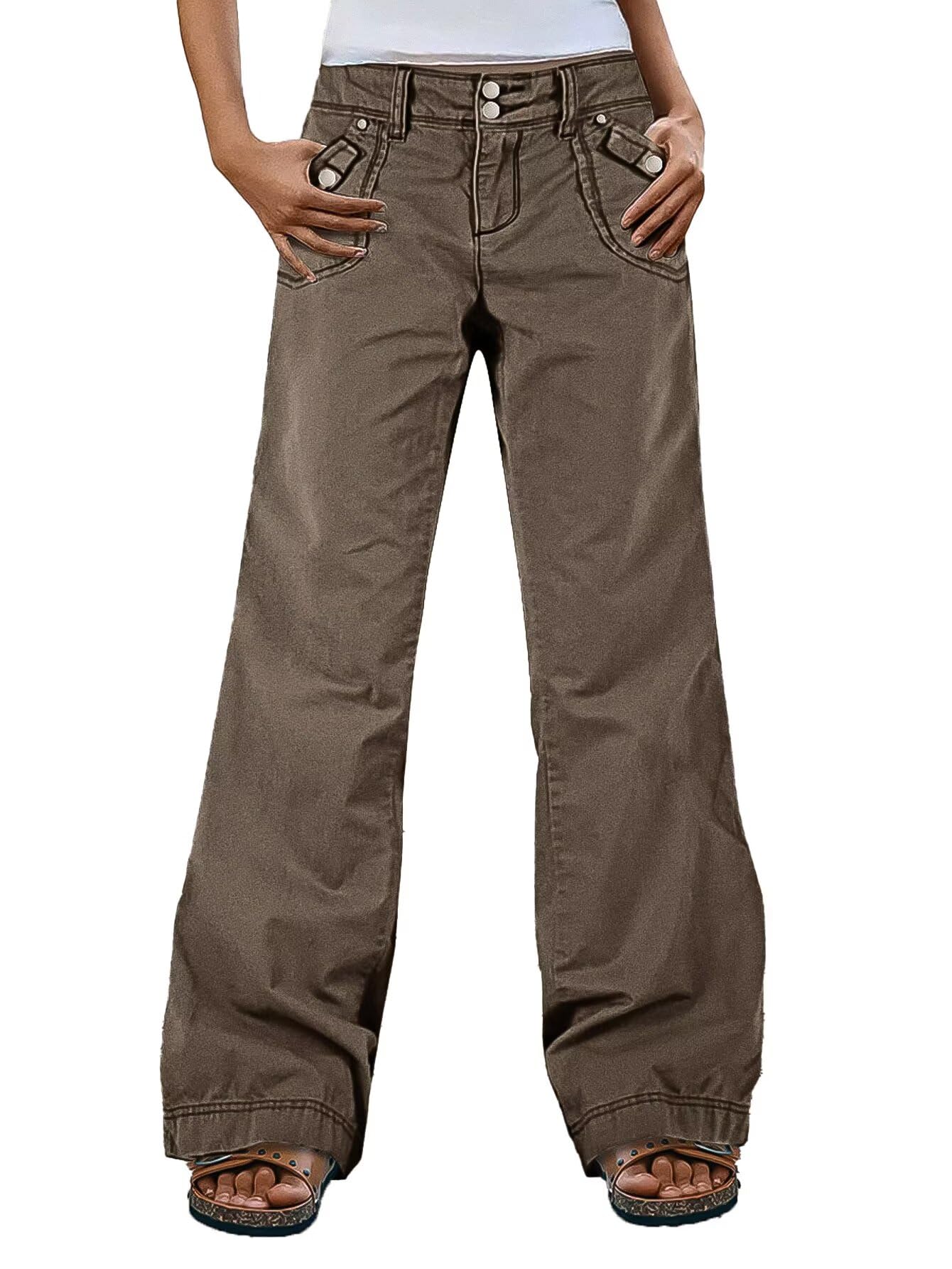 Flamingals Straight Leg Pants for Women Mid Rise Baggy Cargo Solid Dual Button Patch Pocket Casual Pants