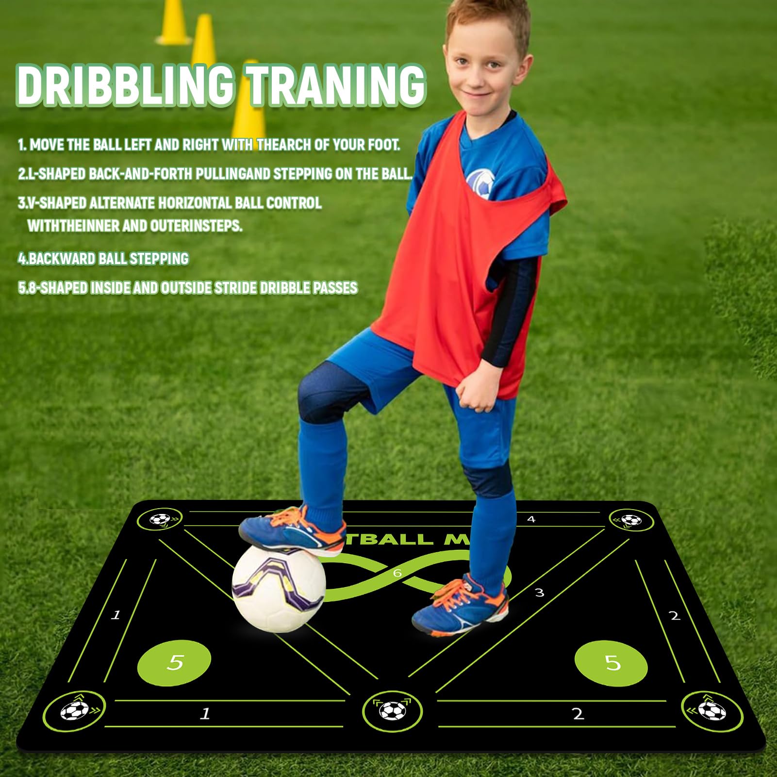 Soccer Training Mat, Agility Football Footwork Training Equipment Mat for All Ages to Improve Speed, Strength and Coordination, Video and Dynamic Manuals Included, Anti-Slip/Silent Soccer Mat