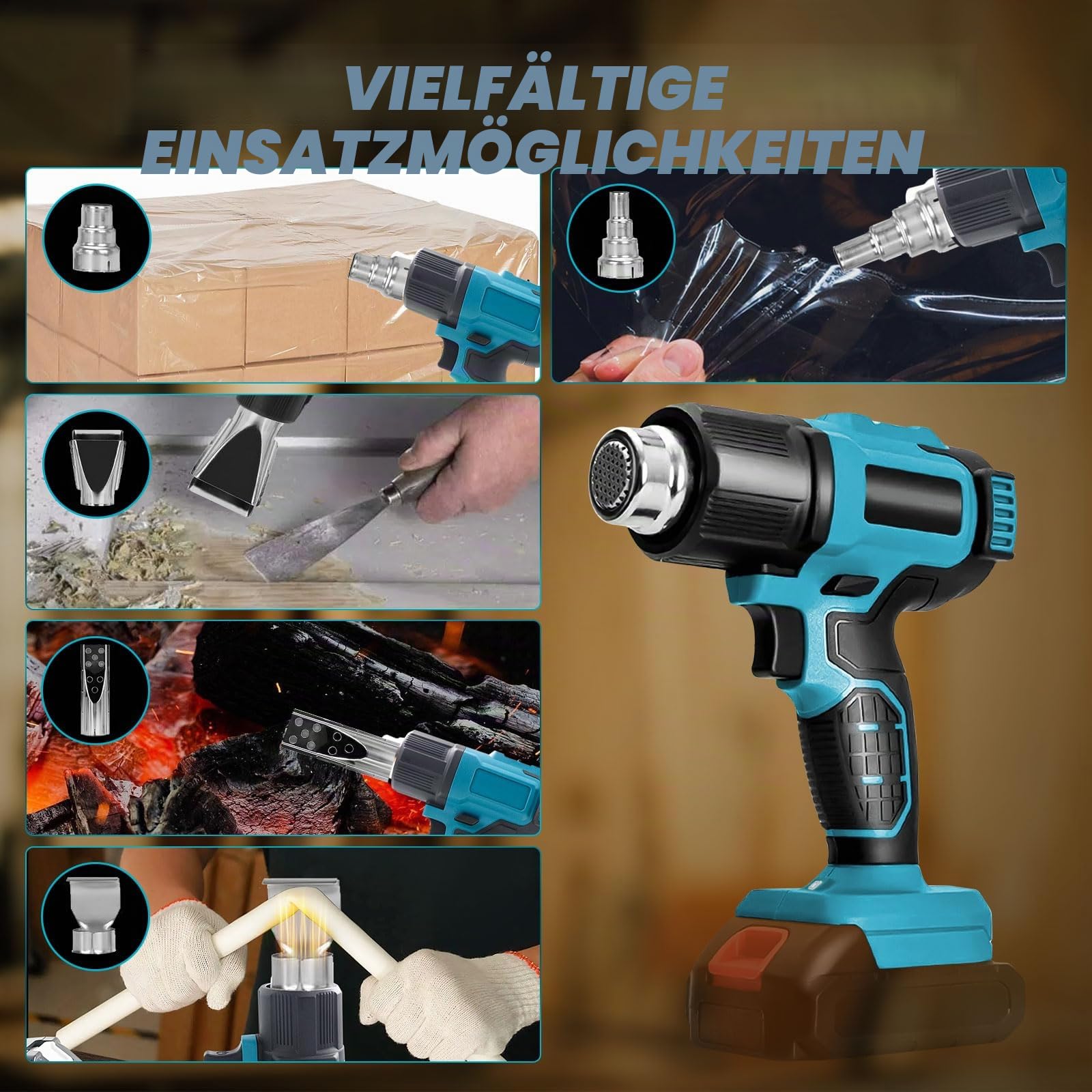 Akku-Heißluftpistole kompatibel mit Makita 18V, Variable Temperaturregelung 50℃-550℃ Elektrische Heißluftfön Schnelle Erwärmung mit LED Anzeige zum Entlacken, Löten mit 5 Düsen(ohne Batterie)