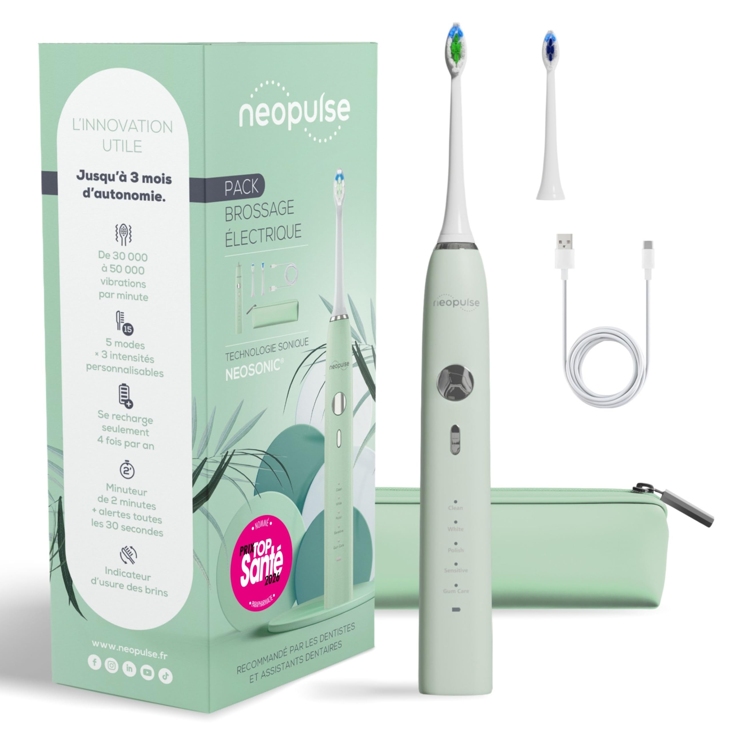 NEOPULSE NEOSONIC® Spazzolino Elettrico Sonico – 5 Modalità e 3 Intensità (15 impostazioni) – 3 mesi di autonomia – Timer 2 minuti – Ricarica USB-C – 2 Testine – Verde
