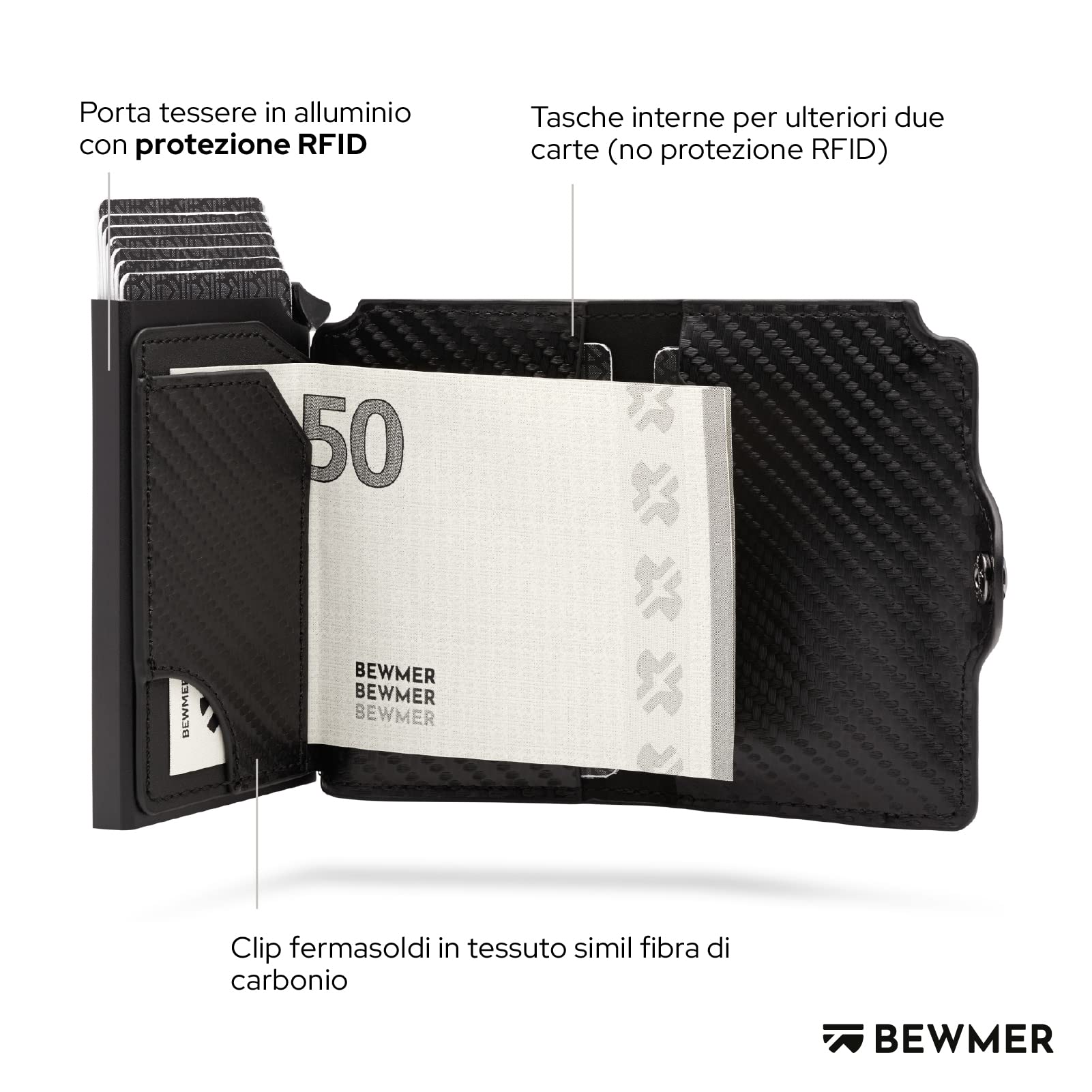 BEWMER Porta Carte di Credito 1 ZIP Schermato | Portafoglio Slim da Uomo e Donna | Porta Tessere e Documenti con Rfid Protection e Fermasoldi in Carbon Fiber (Nero Carbon con ZIP)