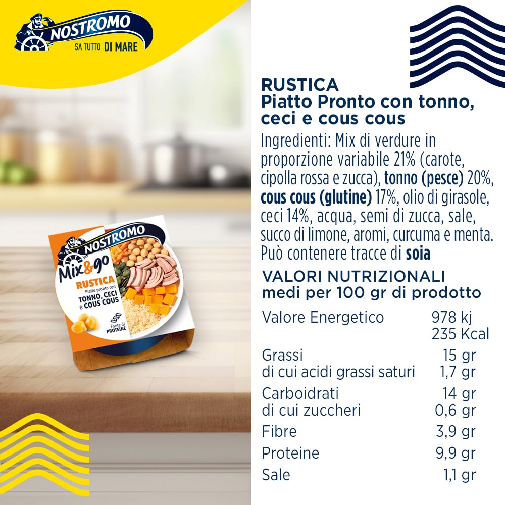 Nostromo Mix&Go Rustico - Piatto Pronto con Tonno, Ceci, Cous Cous - Gusto Mediterraneo e Veloce - Confezione da 12x190g