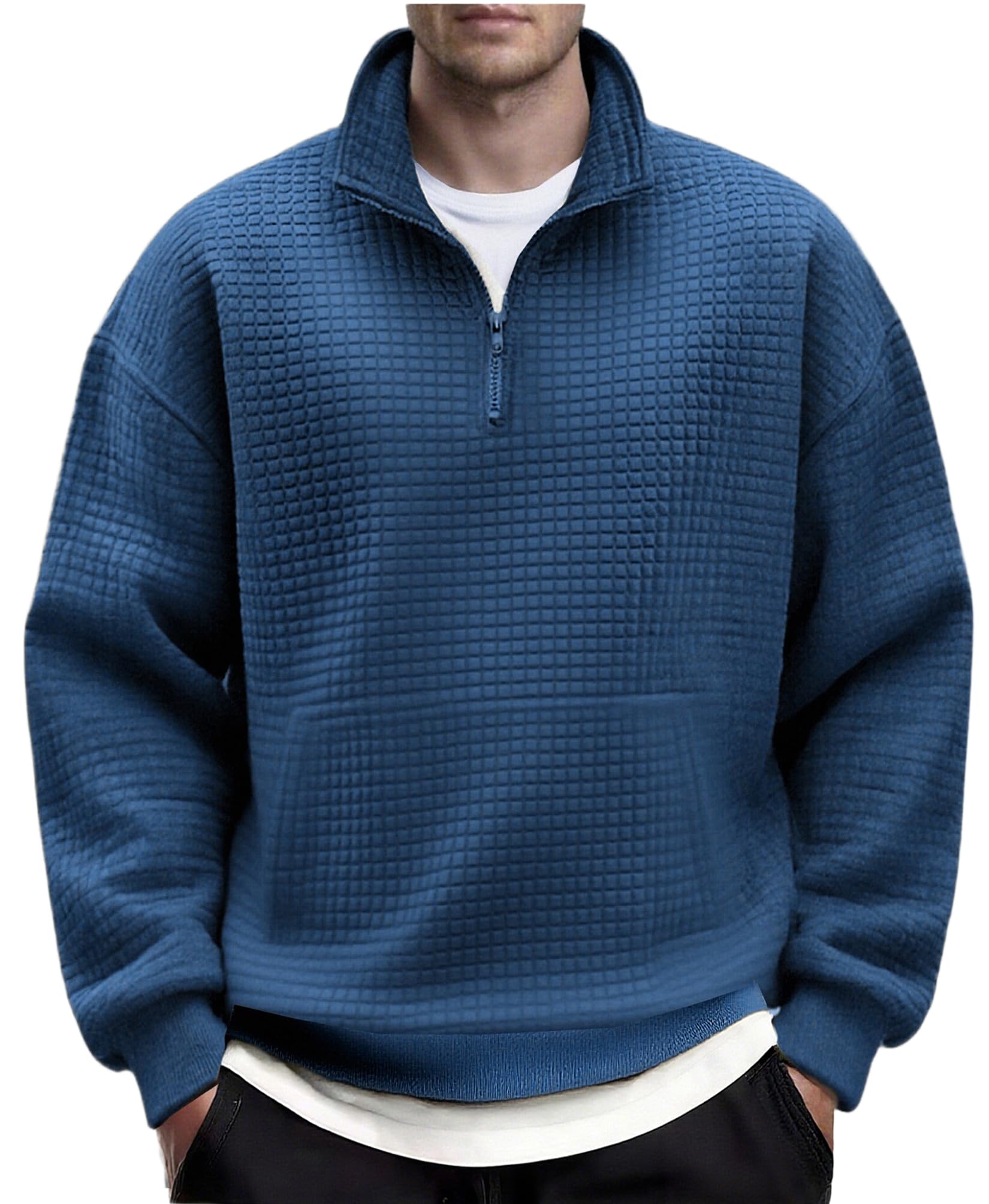 COOFANDY Mens Quarter Zip Pullover Long Sleeve Waffle Quilted Sweatshirt Casual Polo Sweaters with Pocket