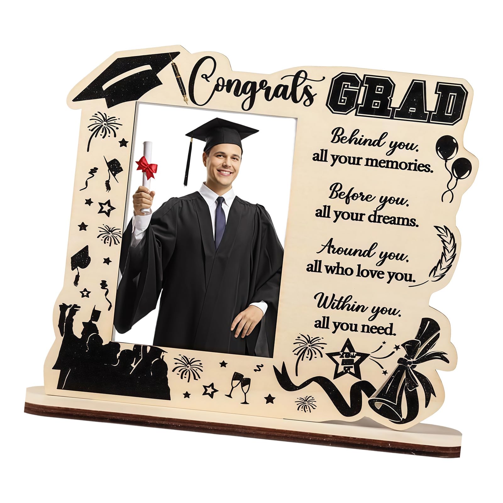 Qusinfc Graduate Keepsakes Picture Frame Wooden Photo Display Holder for Memory with Blessing Word Homes Desktop Decors Gift Graduation Cap Theme Photo Frame