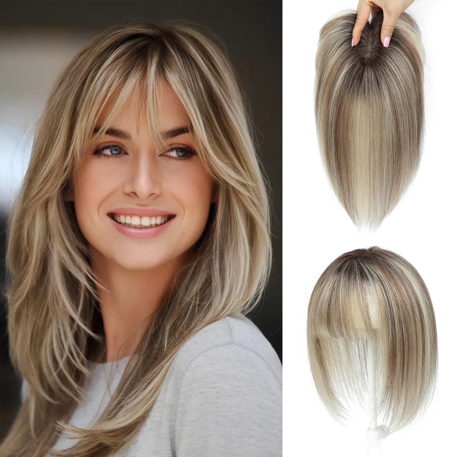 Echthaar-Topper für Frauen, Natürliche Echthaar Haarteile bei dünnem Haar, Damen Topper mit Pony, 10 Zoll zur Abdeckung grauer Haarpartien (Ombre Light Brown with Blond Highlight)