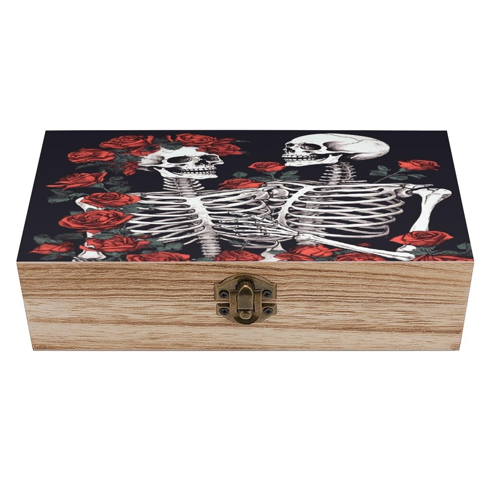 VstaDank Rose And Skeleton Wooden Storage Box Wooden Keepsake Box with Hinged Lid Exquisite Solid Wood Decorative Jewelry Case Memory Box for Jewelry Photos Letters Crafts Trinkets