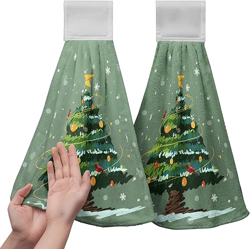 Miniatura 1 de Juego de 2 toallas de cocina colgantes para árbol de Navidad de Navidad, toalla de mano de nieve con lazo para colgar, copos de nieve nevados y